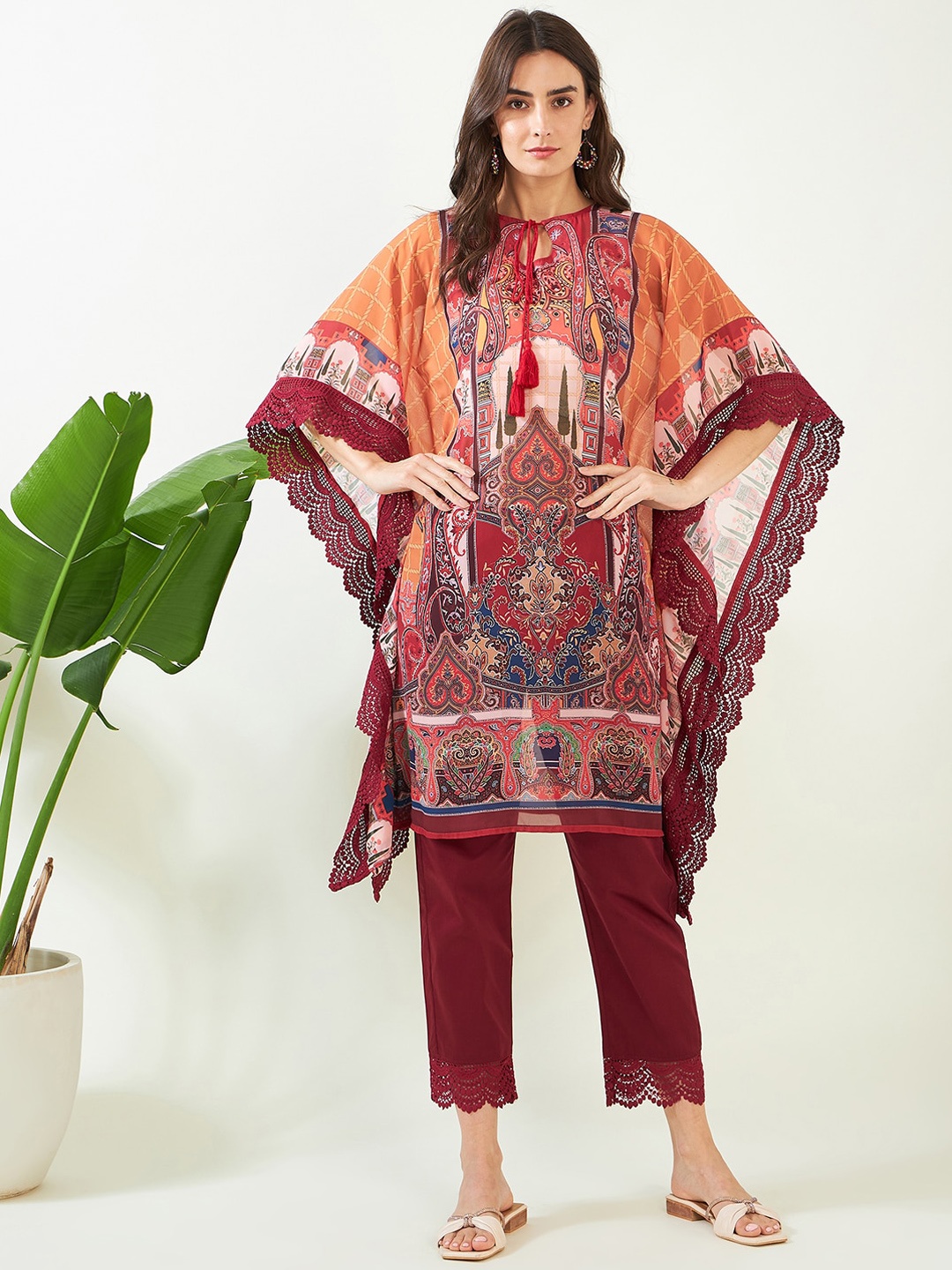 

The Kaftan Company Ethnic Motifs Printed Keyhole Neck Flared Sleeves Kaftan Kurta, Mustard