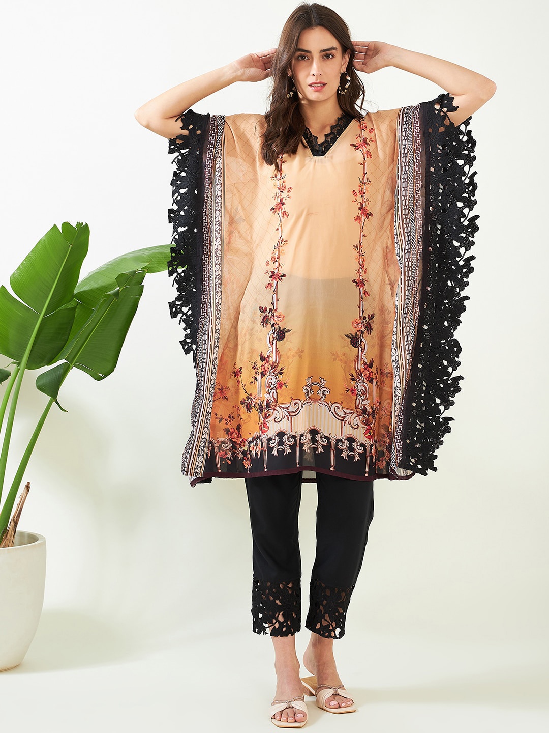 

The Kaftan Company Floral Printed V-Neck Flared Sleeves Kaftan Kurta, Yellow