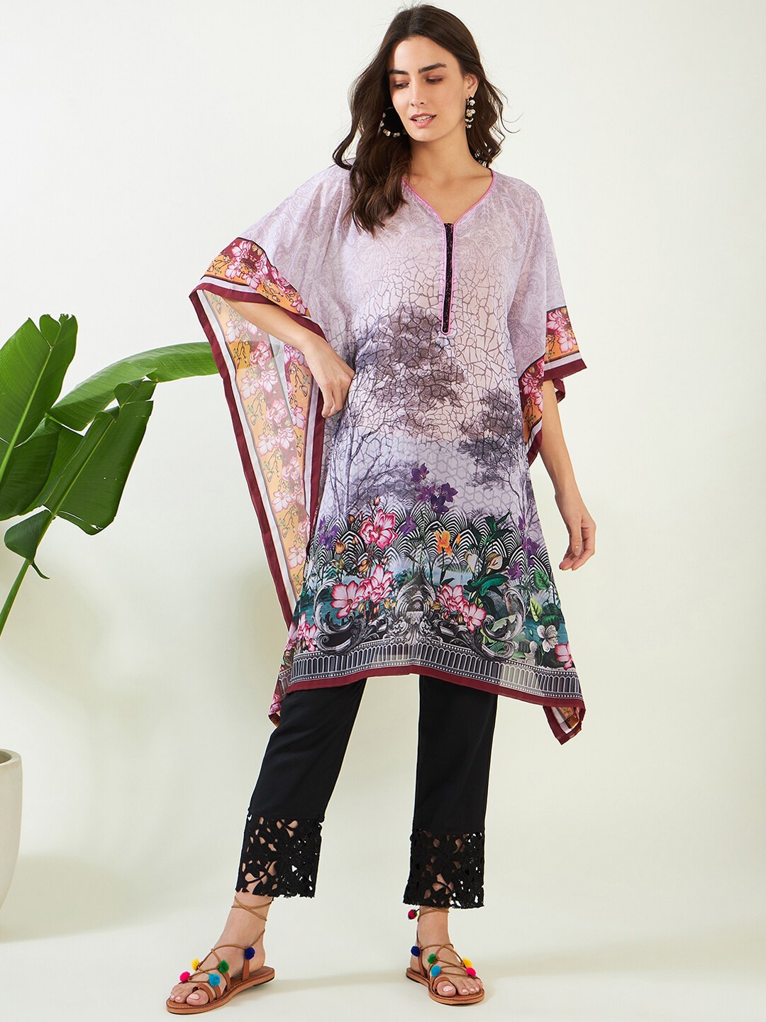 

The Kaftan Company Floral Printed V-Neck Flared Sleeves Kaftan Kurta, Grey