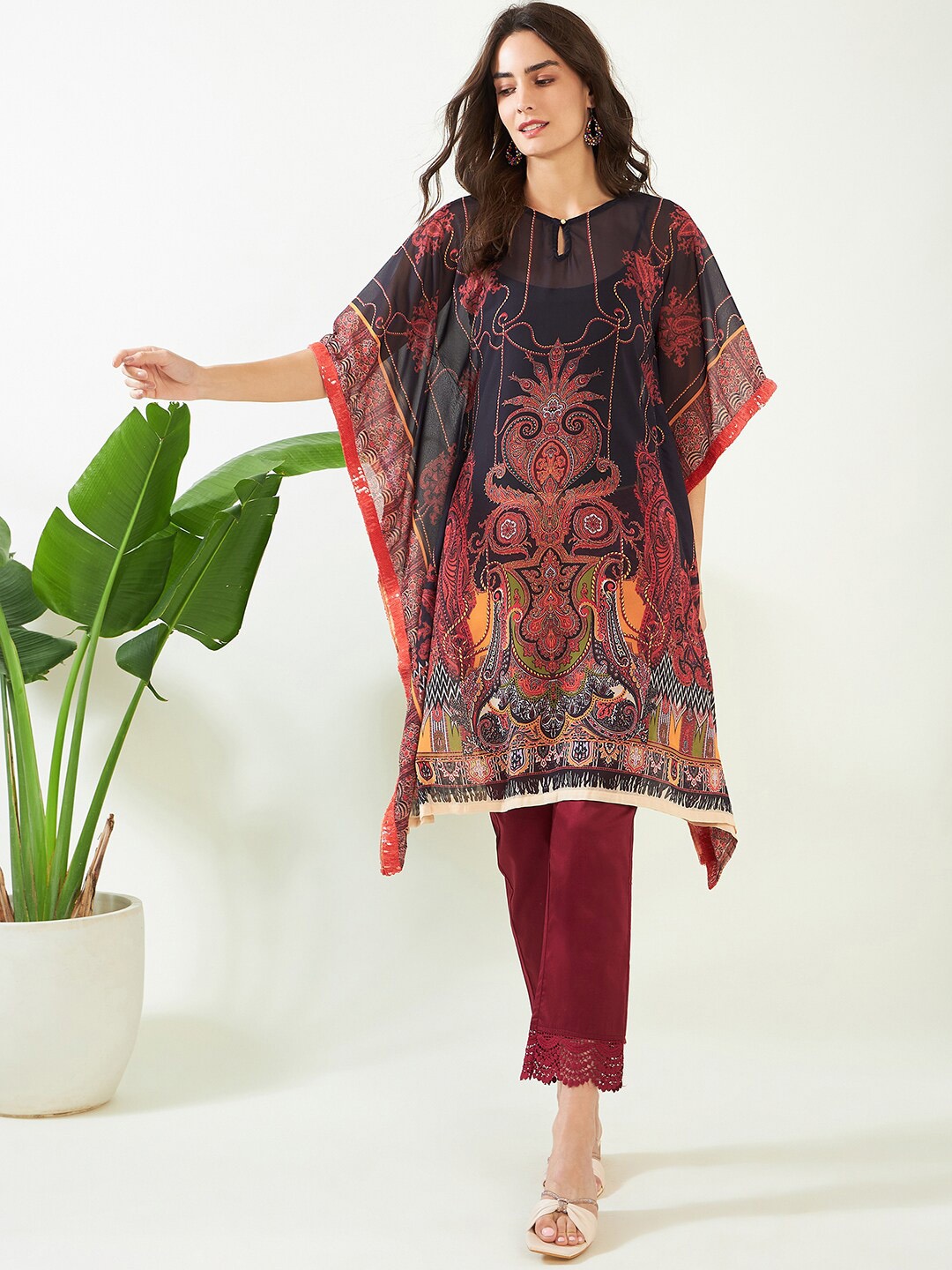 

The Kaftan Company Ethnic Motifs Printed Keyhole Neck Flared Sleeves Kaftan Kurta, Black