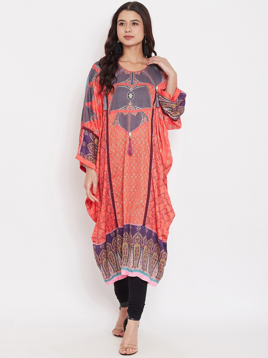 

The Kaftan Company Ethnic Motifs Printed Flared Sleeves Satin Kaftan Kurta, Red