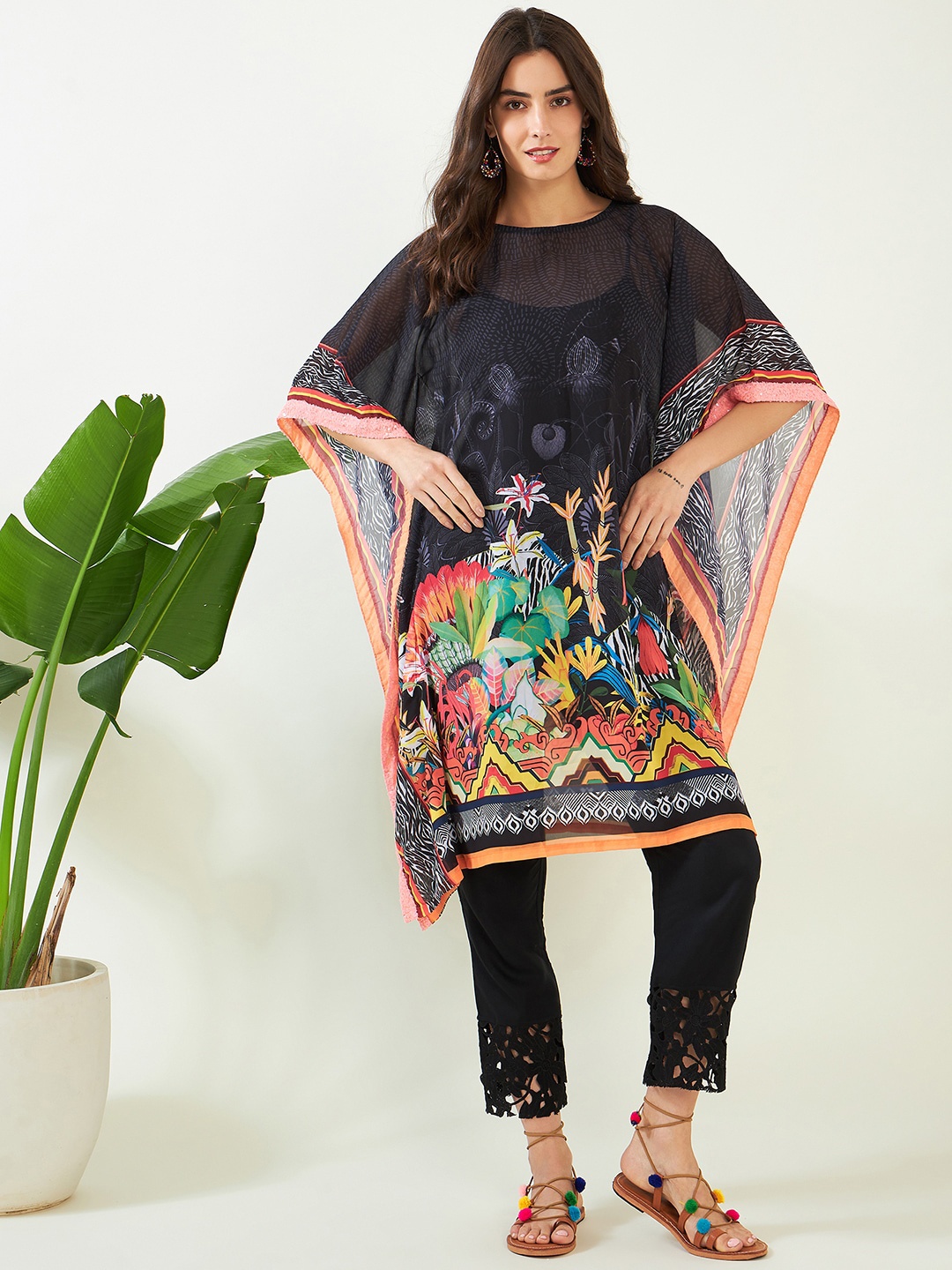 

The Kaftan Company Floral Printed Flared Sleeves Kaftan Kurta, Black