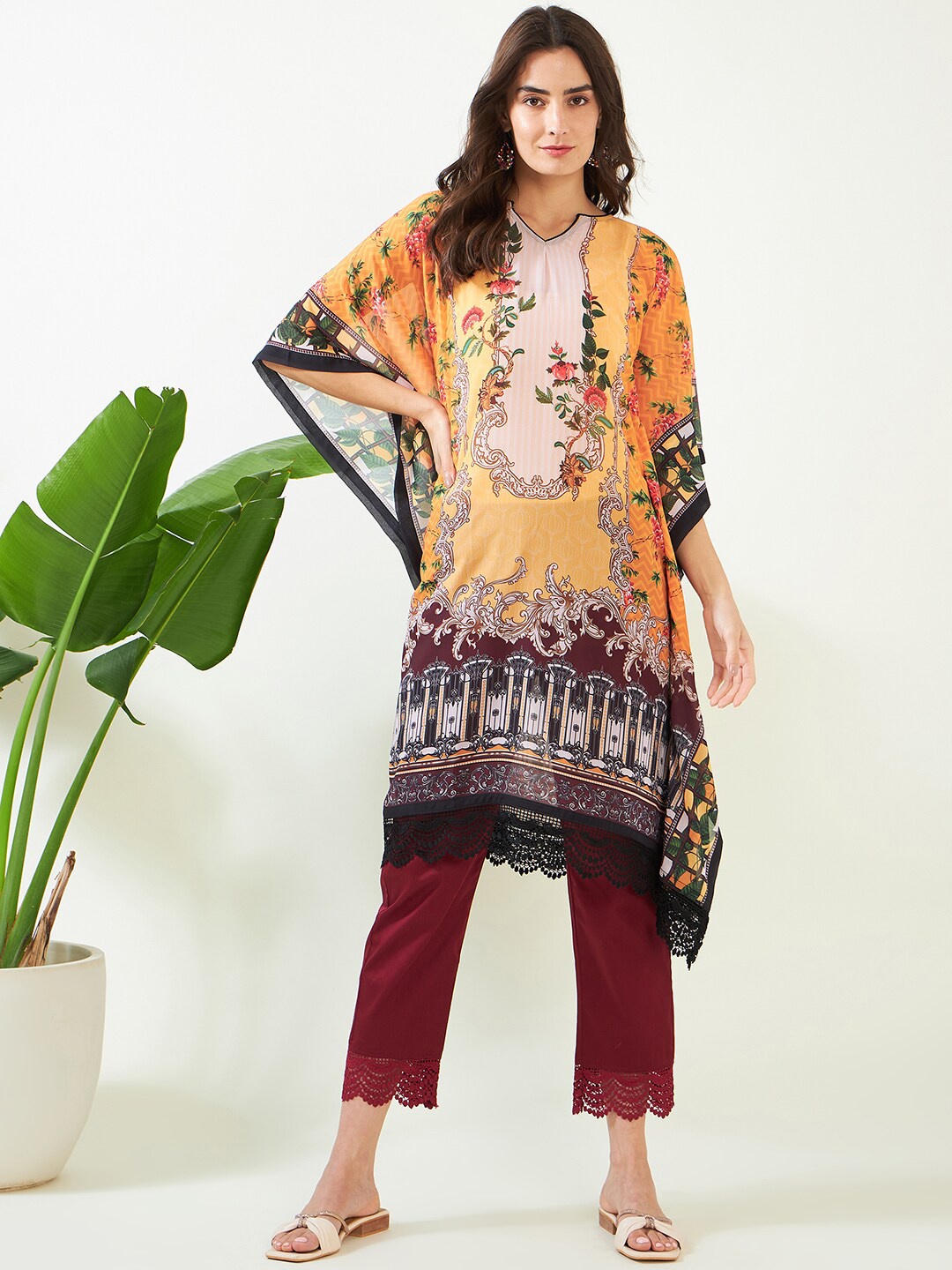 

The Kaftan Company Ethnic Motif Printed Flared Sleeves Kaftan Kurta, Yellow