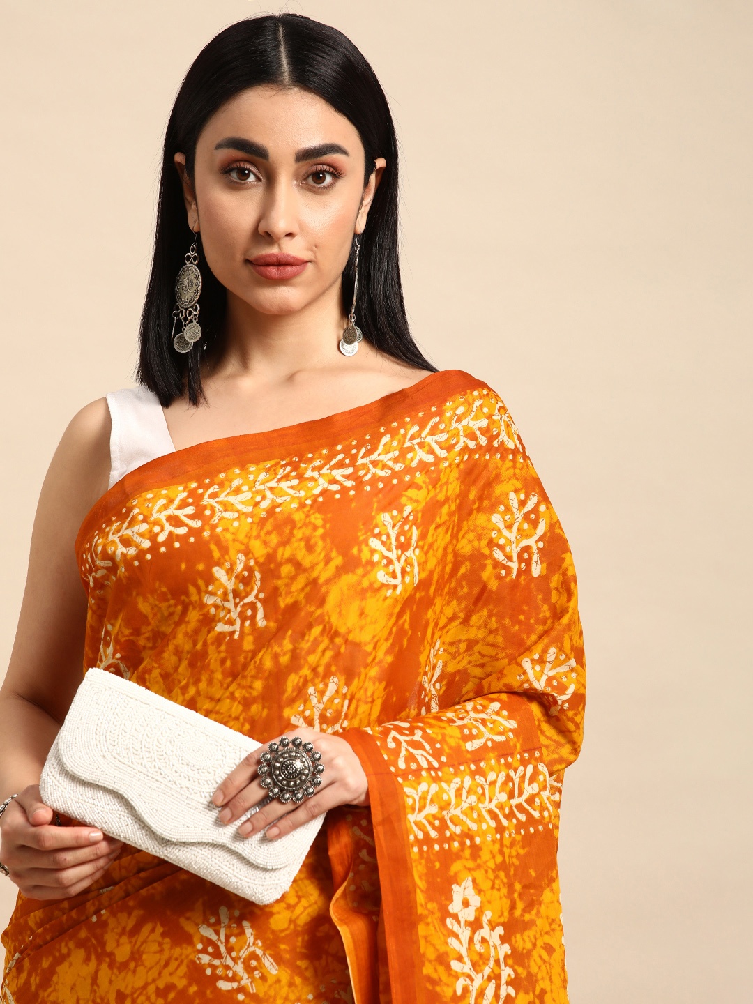 

SHANVIKA Batik Pure Cotton Block Print Saree, Orange