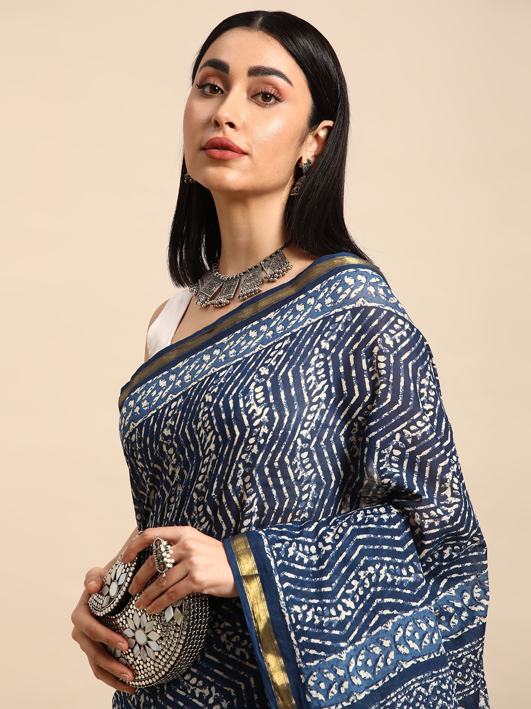 

SHANVIKA Zari Pure Cotton Leheriya Saree, Navy blue