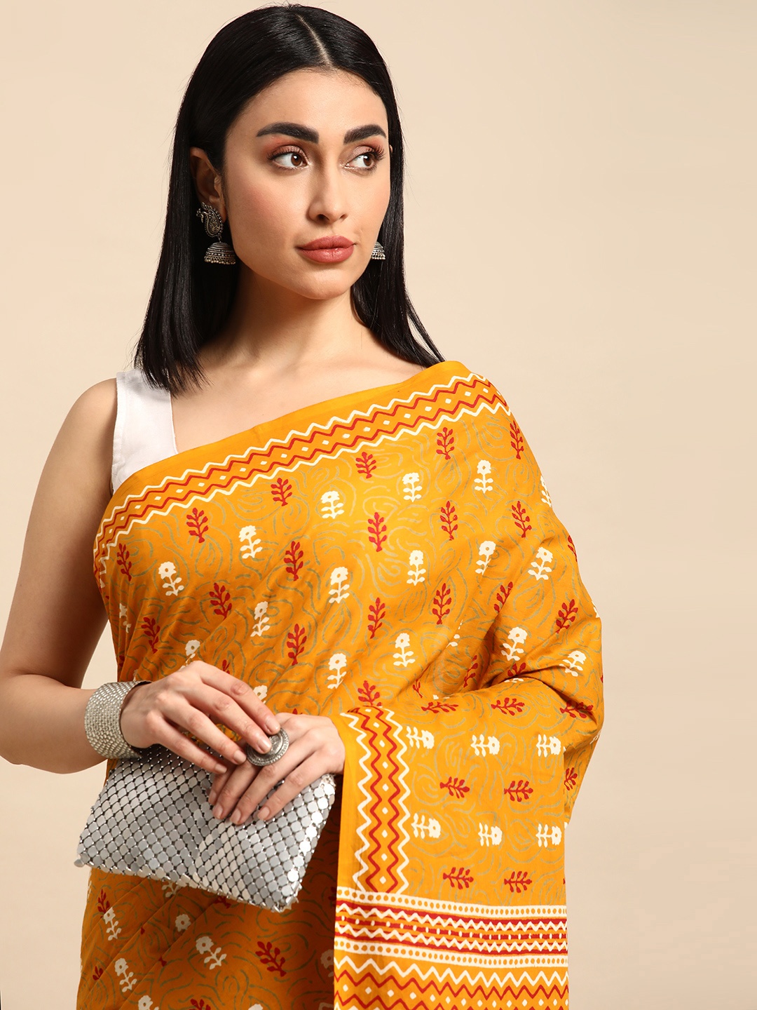 

SHANVIKA Ethnic Motifs Pure Cotton Saree, Mustard