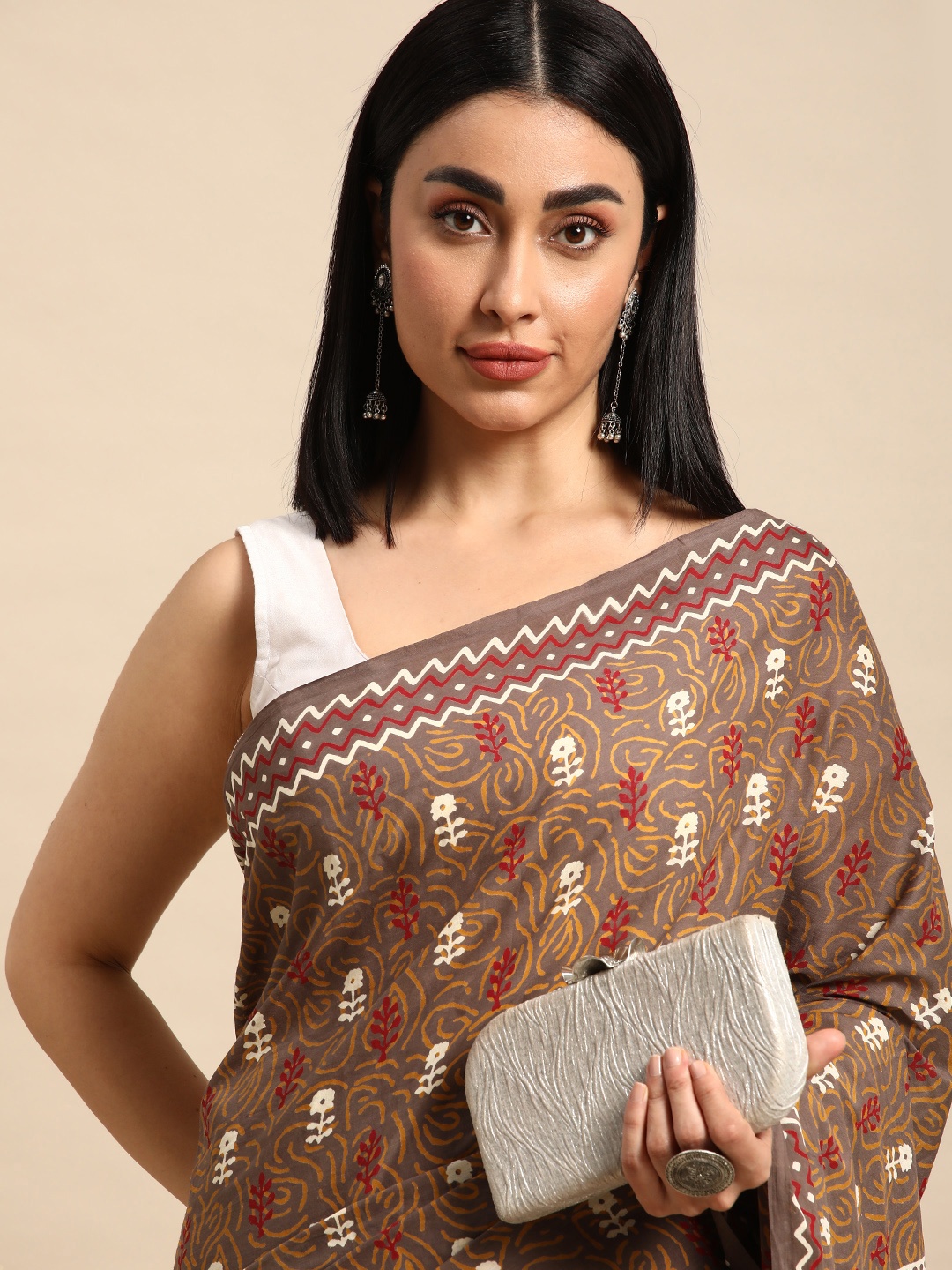 

SHANVIKA Ethnic Motifs Pure Cotton Saree, Brown