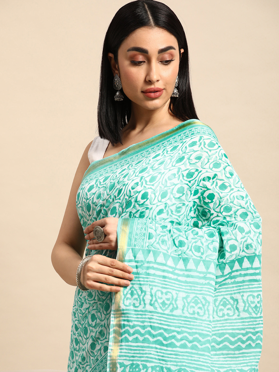 

SHANVIKA Floral Pure Cotton Maheshwari Saree, Turquoise blue