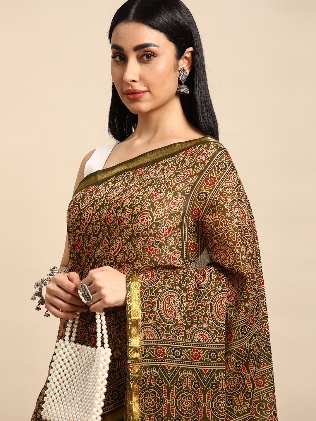 

SHANVIKA Ajrak Zari Pure Cotton Maheshwari Saree, Olive