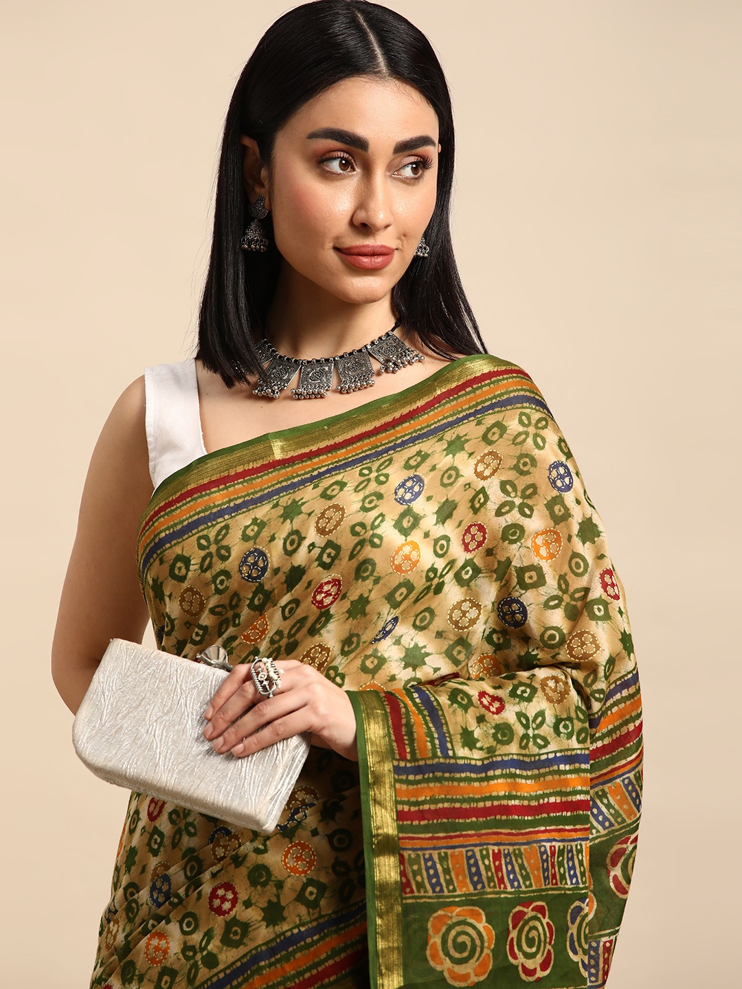 

SHANVIKA Batik Zari Pure Cotton Block Print Saree, Beige
