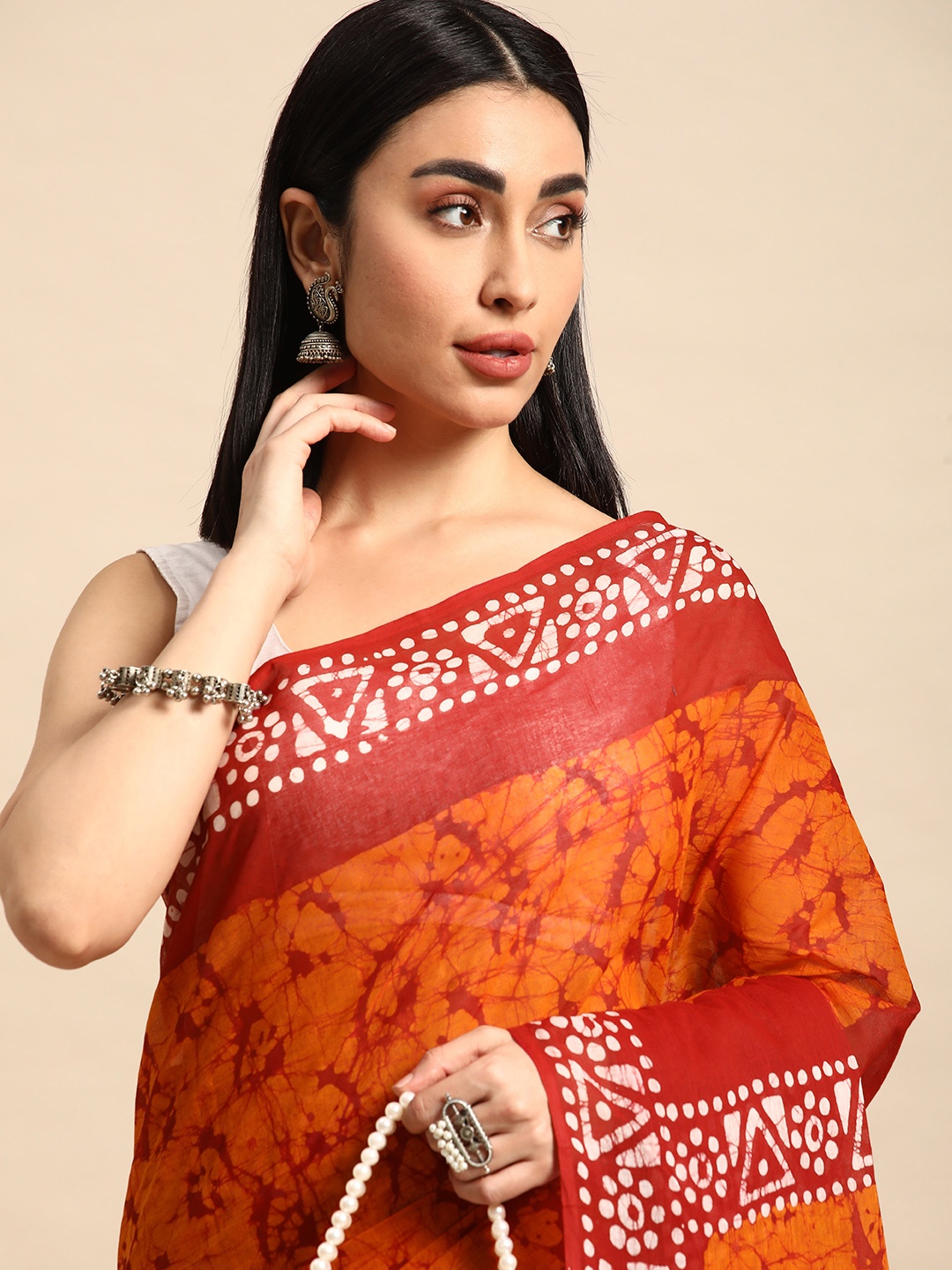 

SHANVIKA Batik Pure Cotton Block Print Saree, Orange