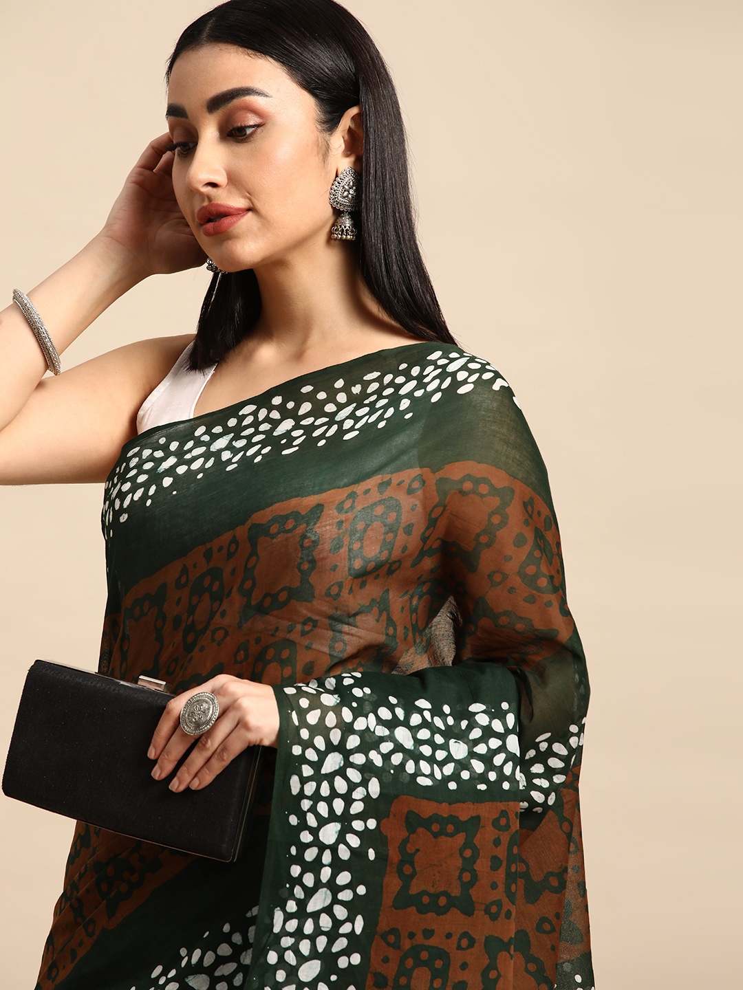 

SHANVIKA Batik Pure Cotton Block Print Saree, Brown
