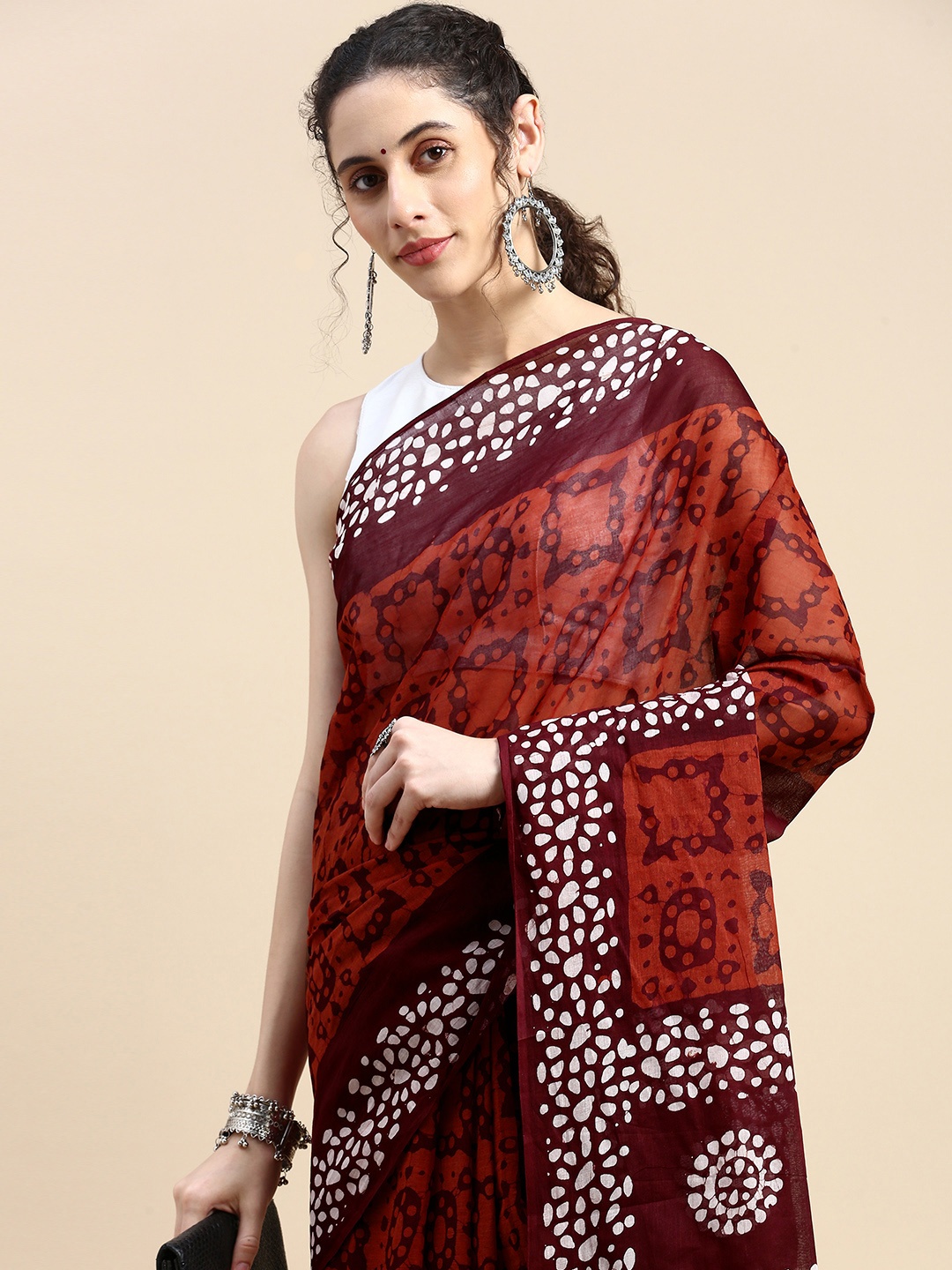 

SHANVIKA Batik Pure Cotton Block Print Saree, Rust