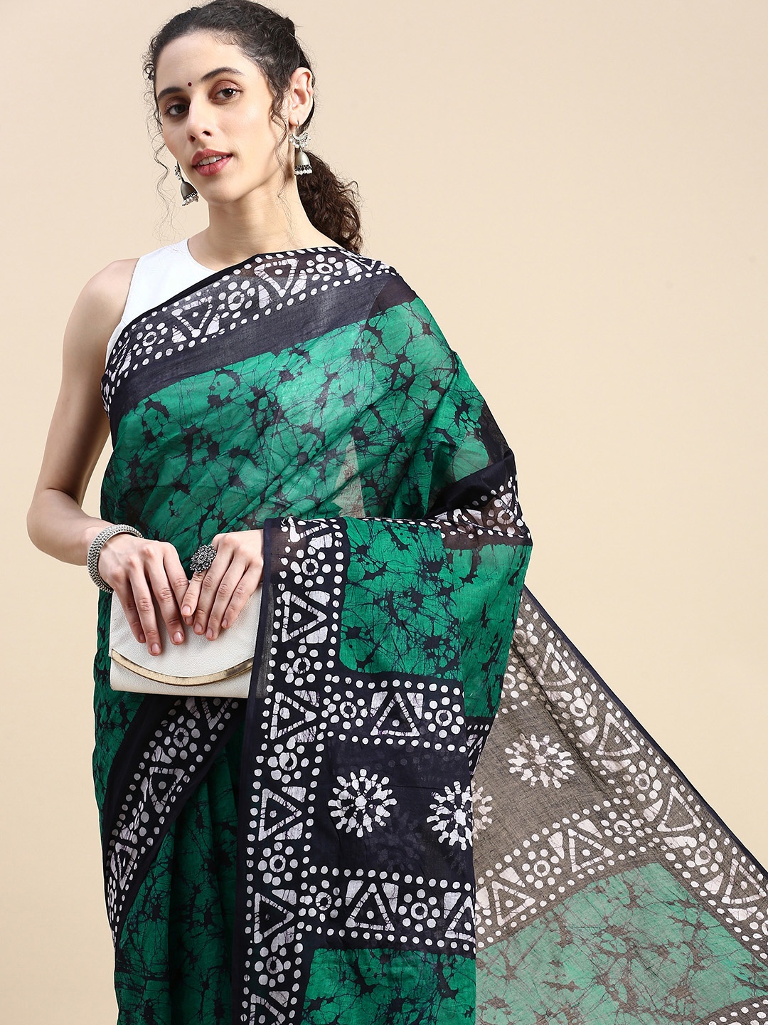 

SHANVIKA Batik Pure Cotton Block Print Saree, Teal