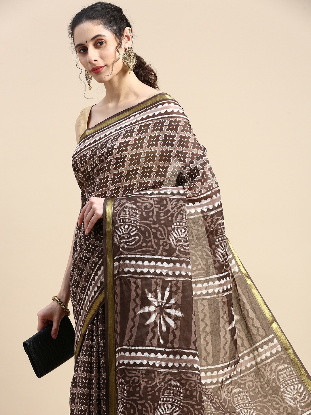 

SHANVIKA Ethnic Motifs Pure Cotton Maheshwari Saree, Brown