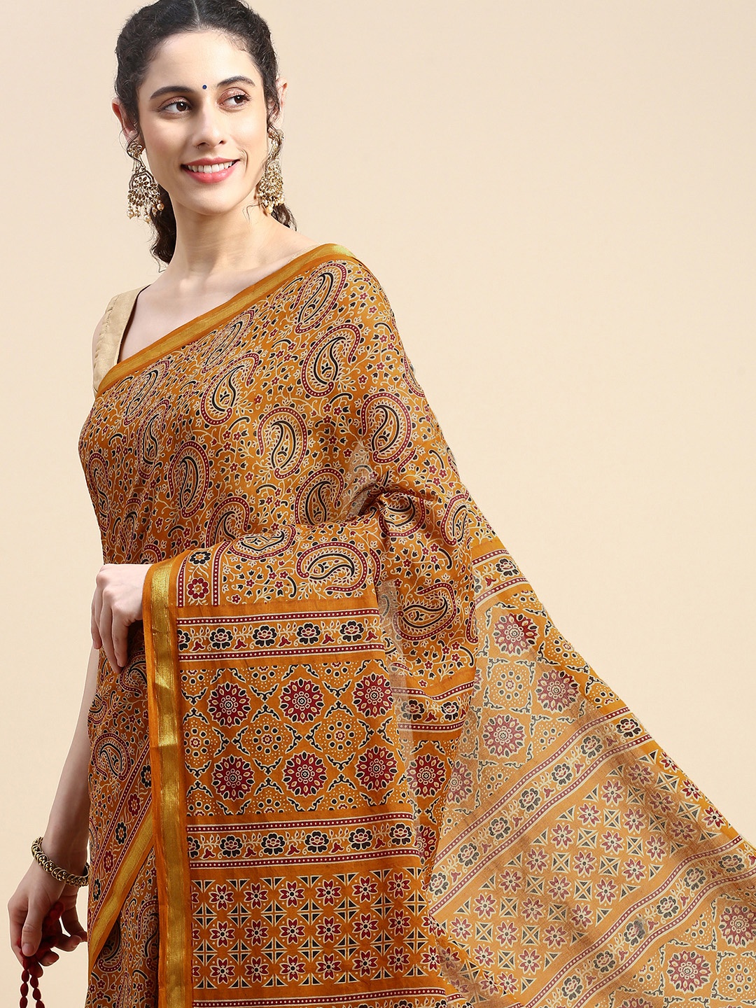 

SHANVIKA Ajrak Block Pure Cotton Maheshwari Saree, Mustard