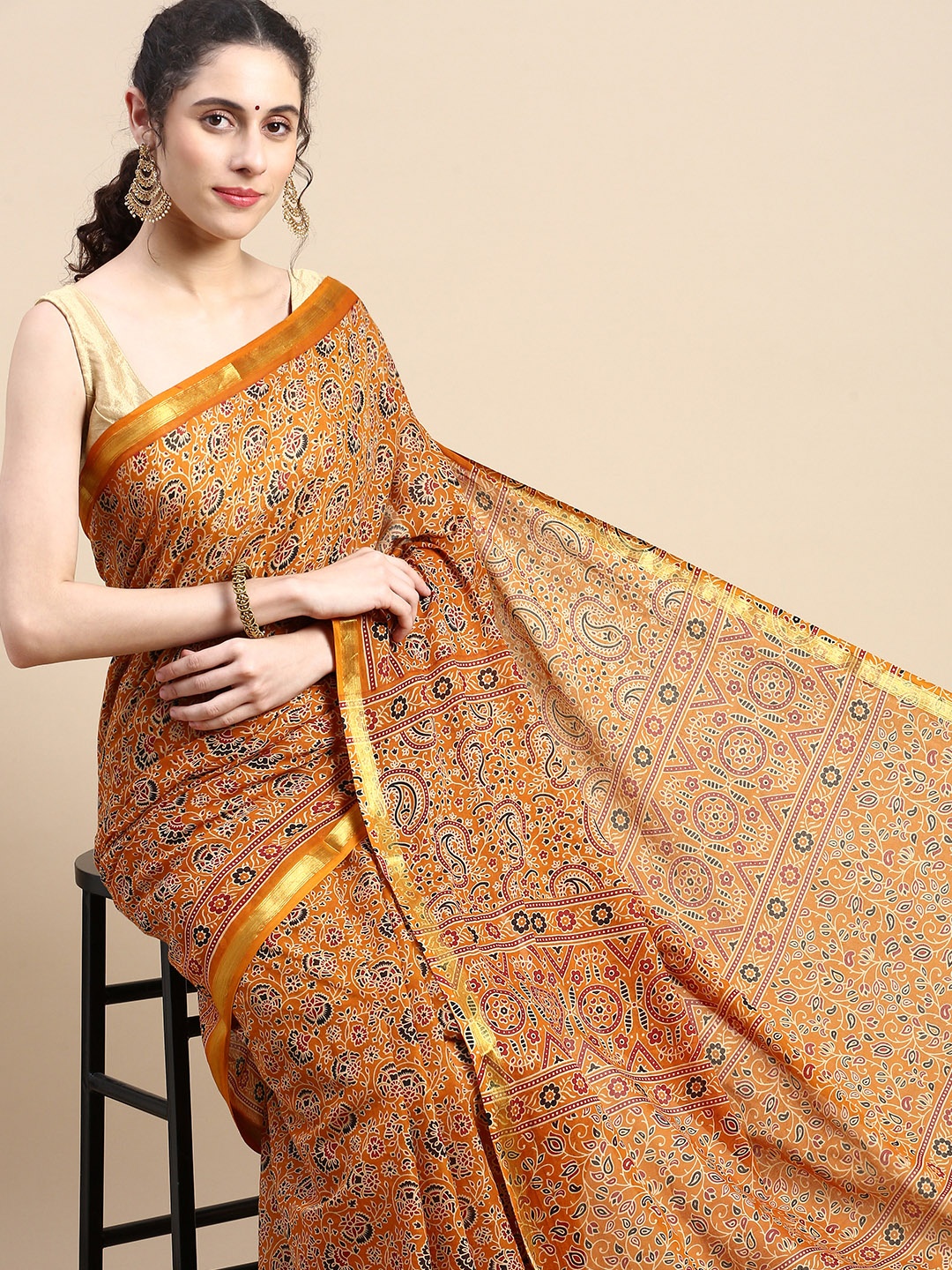 

SHANVIKA Ajrak Block Pure Cotton Maheshwari Saree, Mustard