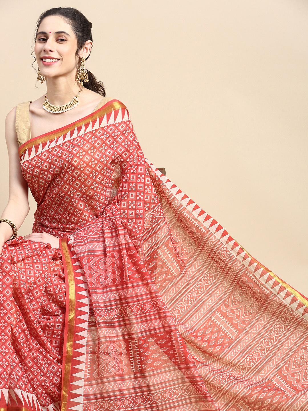

SHANVIKA Printed Pure Cotton Maheshwari Saree, Red