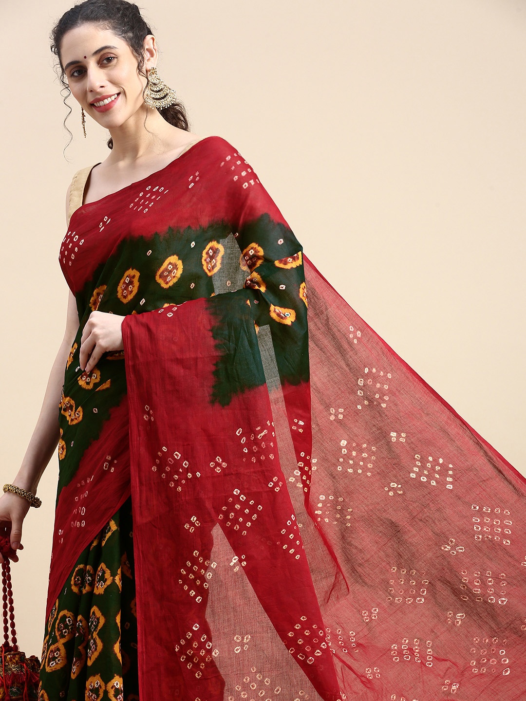 

SHANVIKA Pure Cotton Bandhani Saree, Green