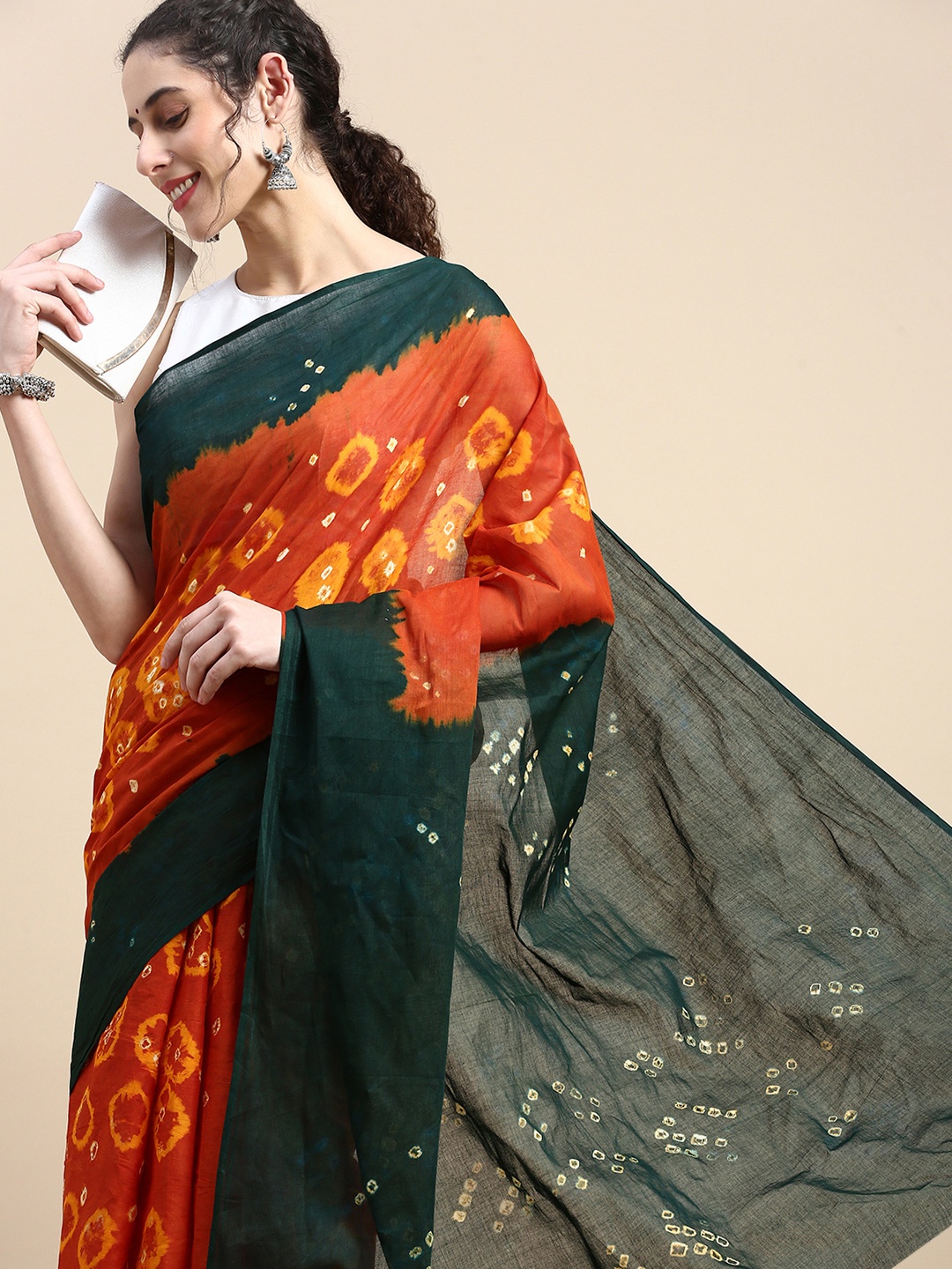 

SHANVIKA Bandhani Pure Cotton Saree, Orange
