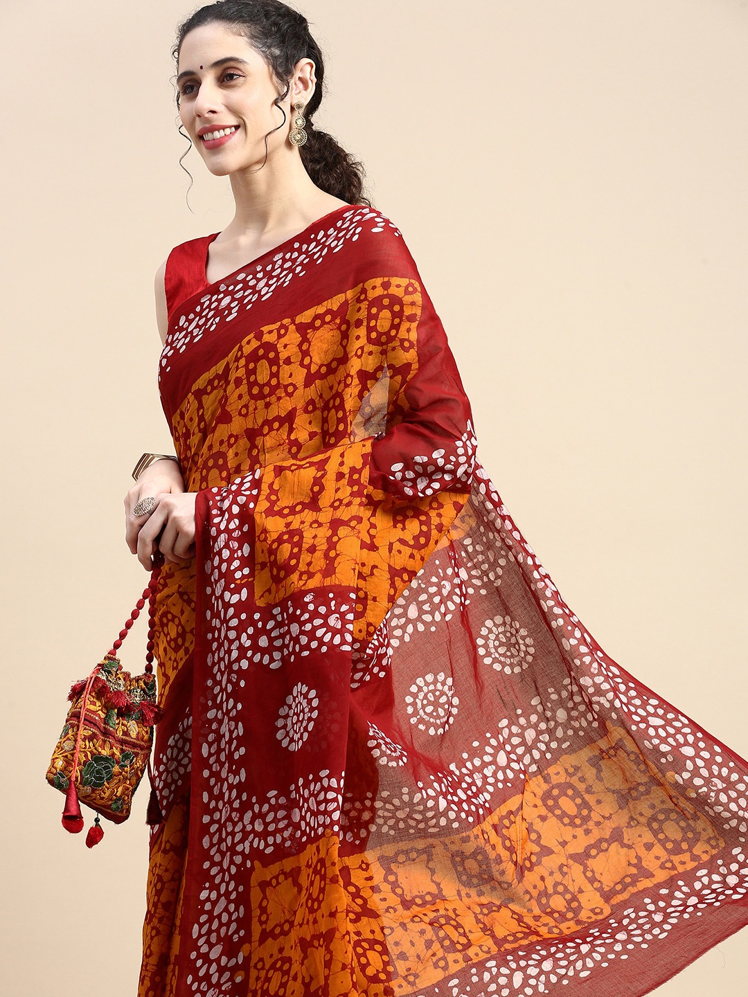 

SHANVIKA Batik Pure Cotton Block Print Saree, Orange