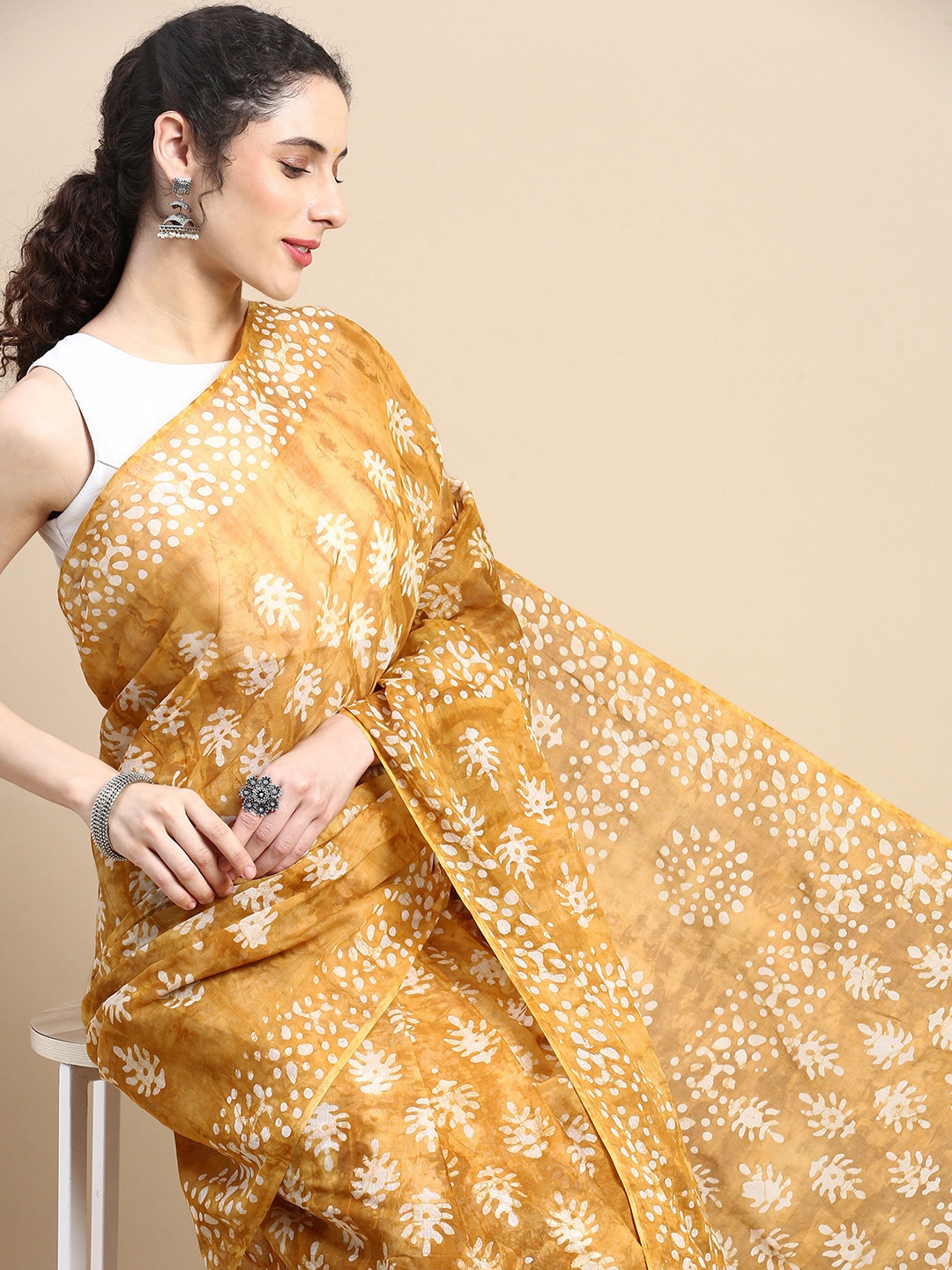 

SHANVIKA Batik Pure Cotton Block Print Saree, Mustard