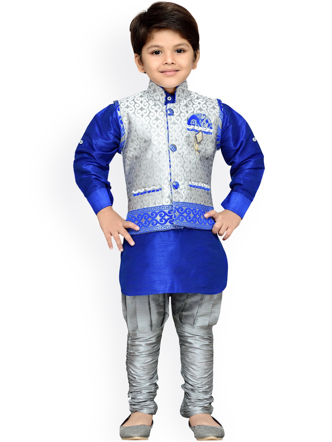 

Aj DEZInES Boys Blue & Grey Kurta Set with Waistcoat