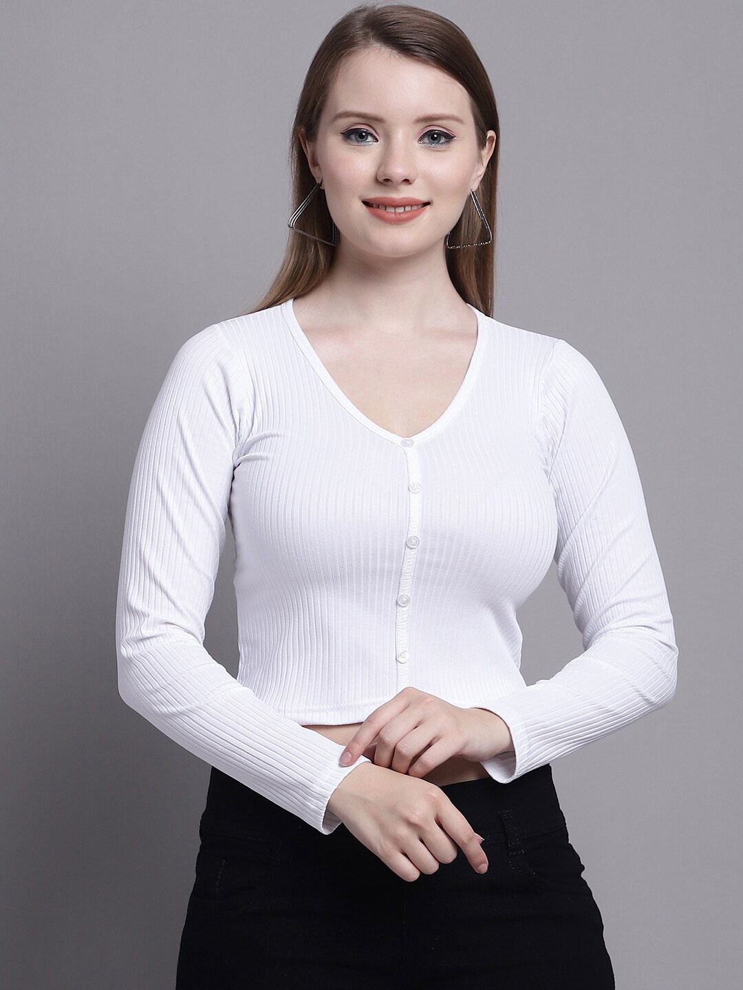

Jinfo V-Neck Long Sleeve Crop Fitted Top, White