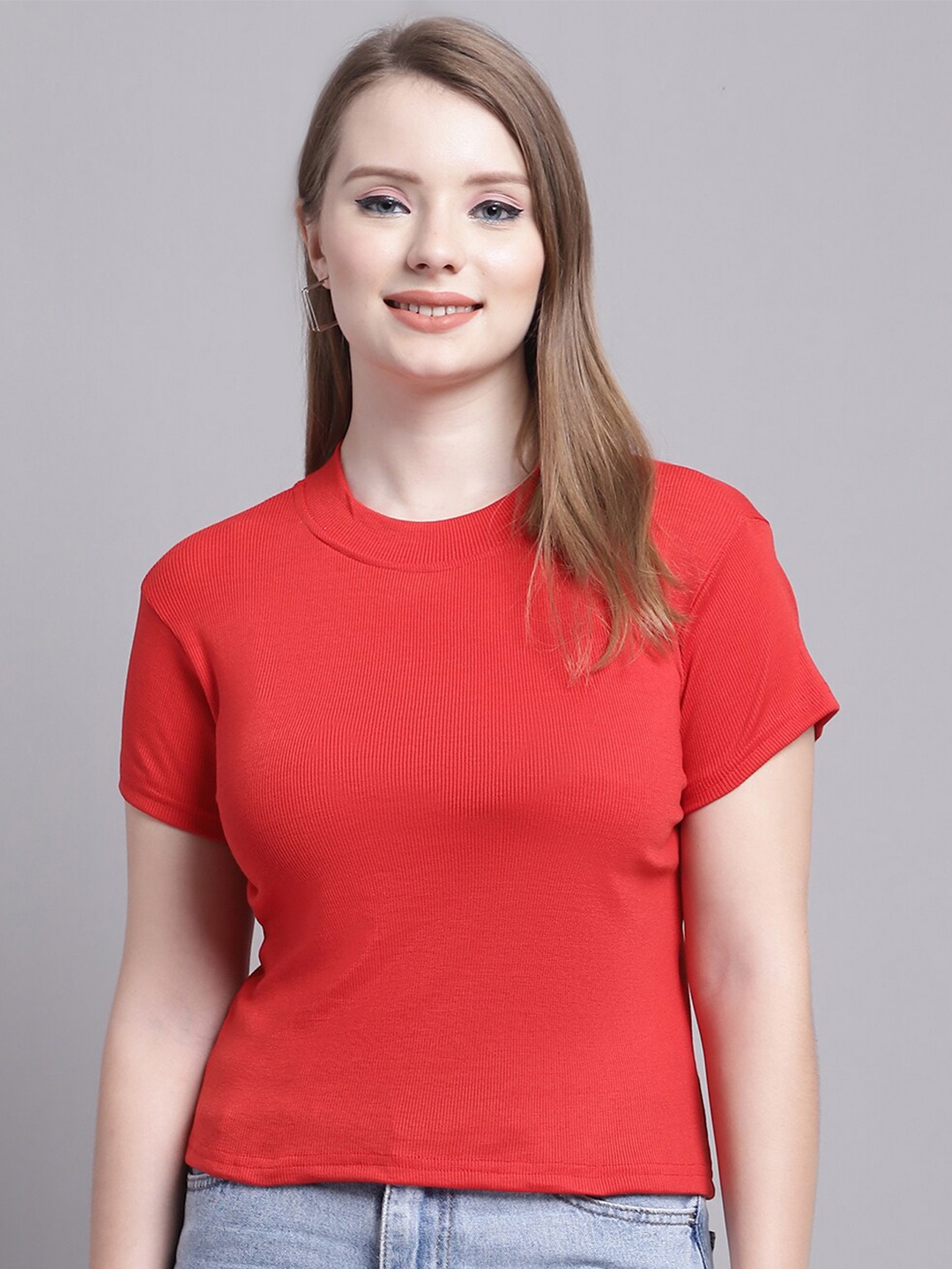 

Jinfo Ribbed High Neck Crop Fitted Top, Red