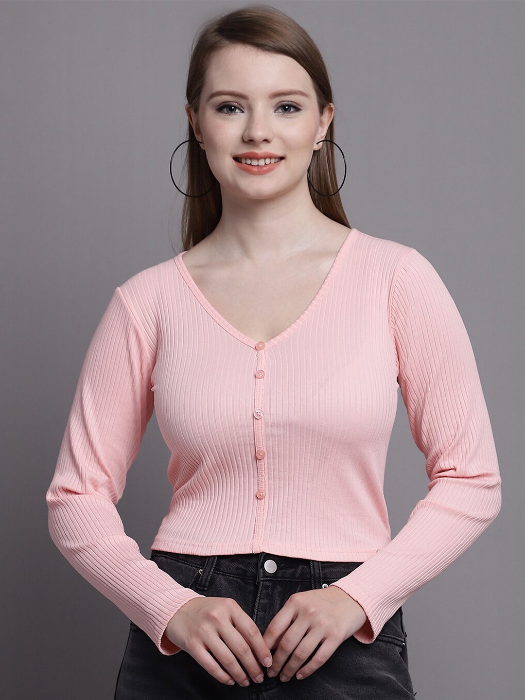 

Jinfo V-Neck Fitted Crop Top, Peach