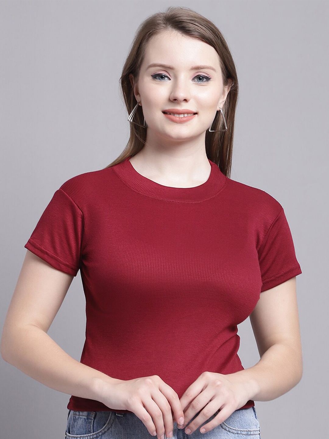 

Jinfo Round Neck Fitted Crop Top, Maroon