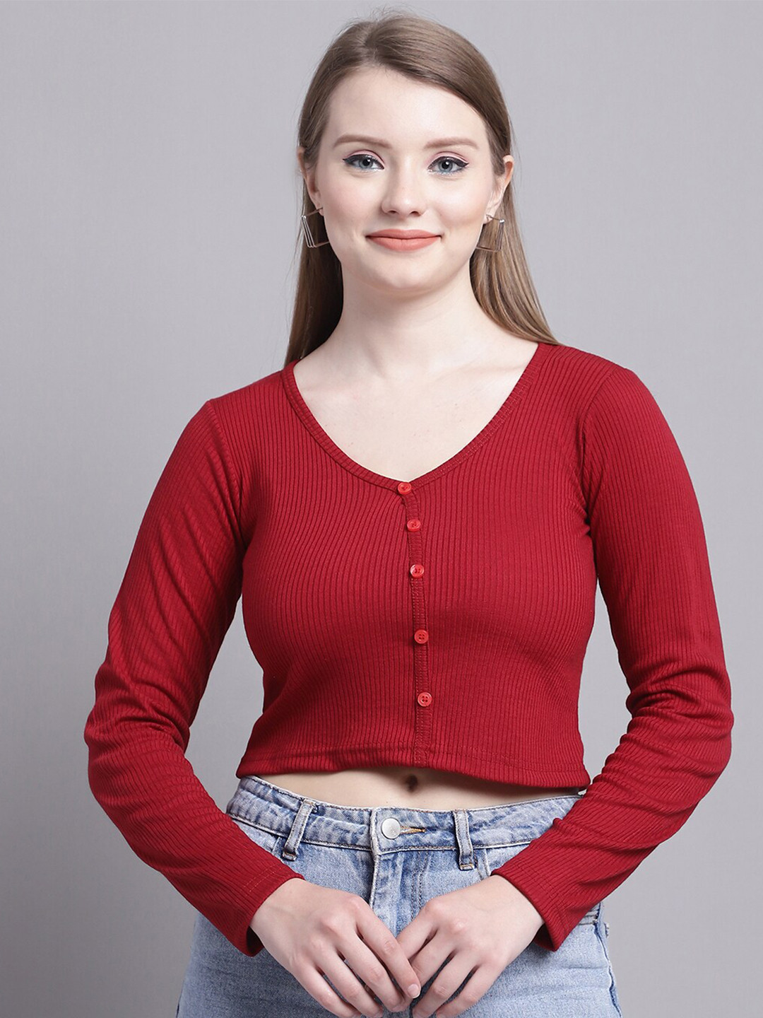 

Jinfo V-Neck Fitted Crop Top, Maroon