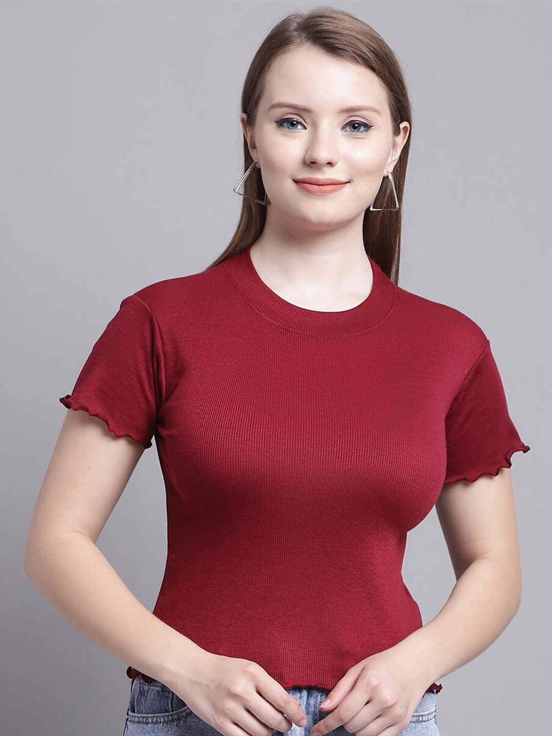 

Jinfo Round Neck Short Sleeves Fitted Top, Maroon