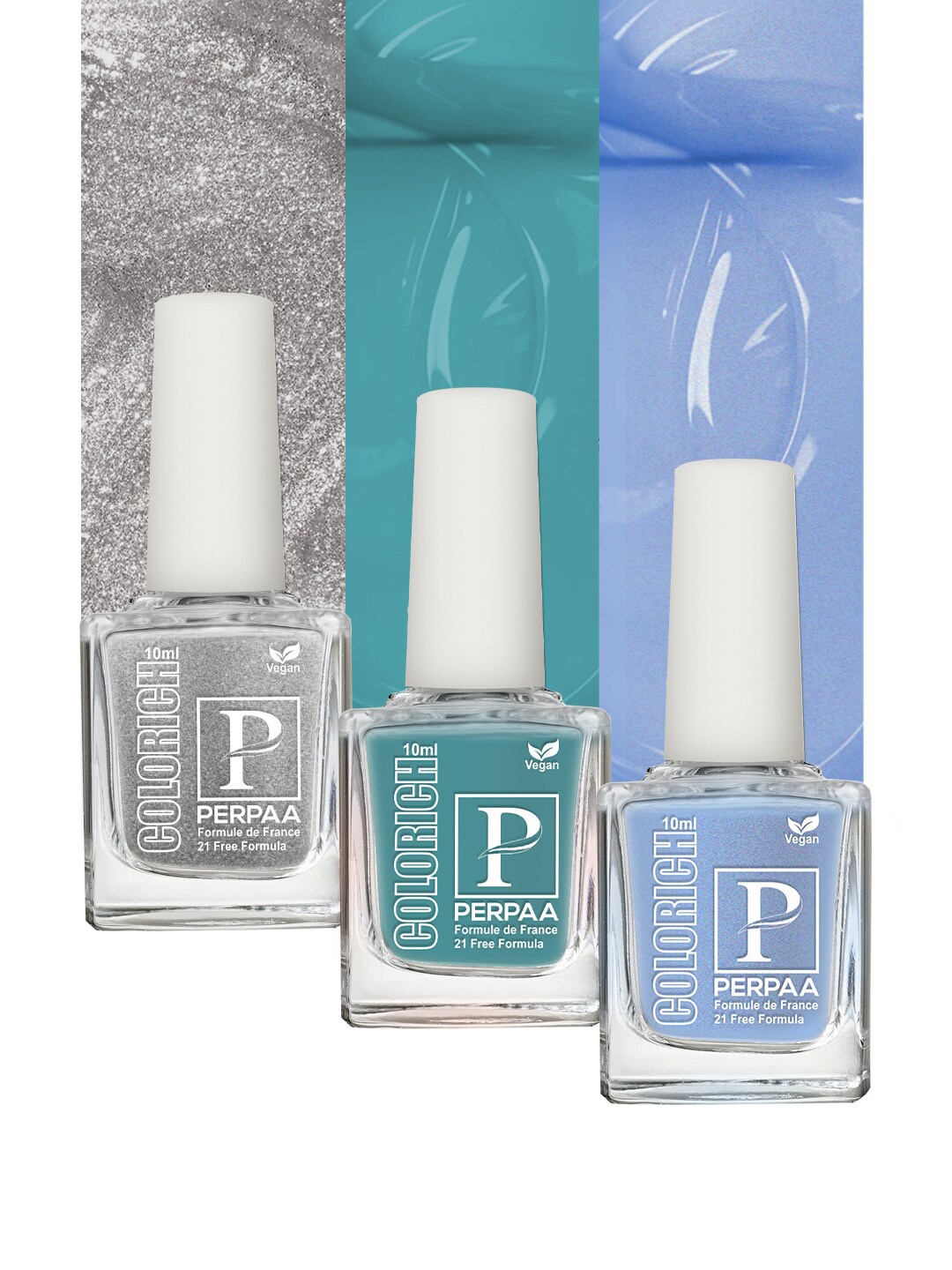 

PERPAA Set of 3 Colorich Vegan 21-Free Formula Nail Polish - 10ml each, Blue
