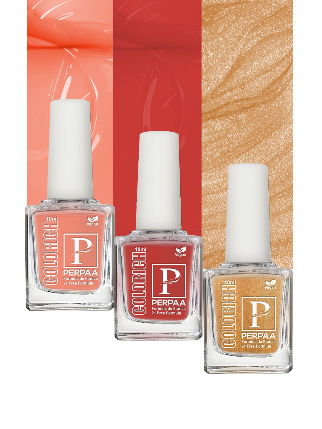 

PERPAA Set of 3 Colorich Vegan 21-Free Formula Nail Polish - 10ml each, Peach