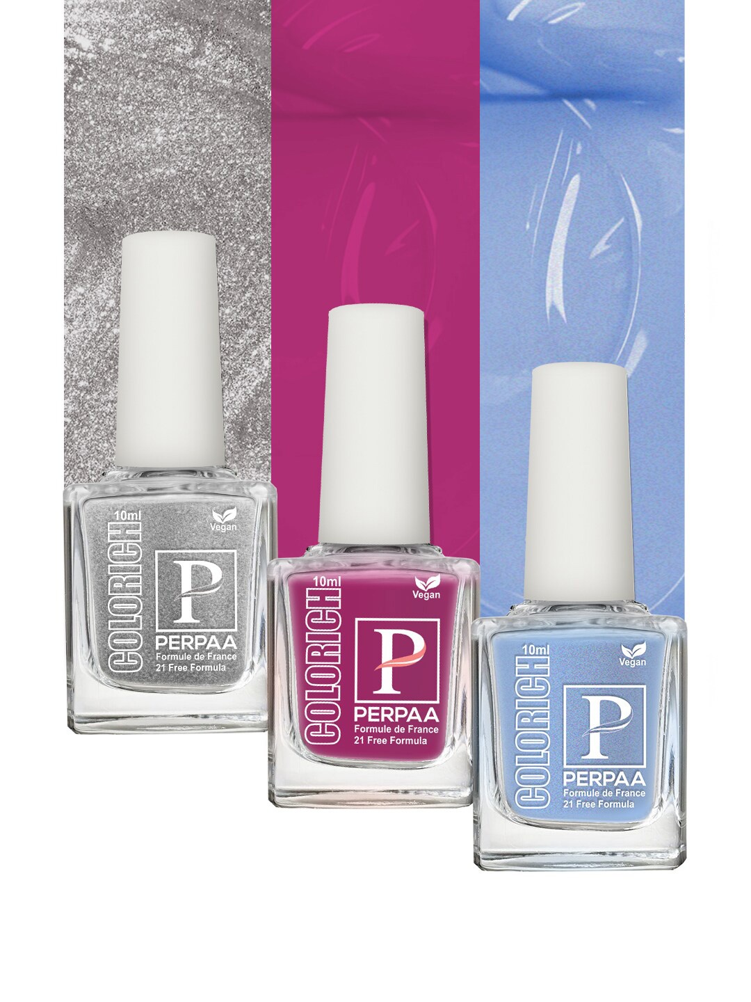 

PERPAA Set of 3 Colorich French Formula High Shine & Plump Finish Nail Polish - 10 ml each, Blue