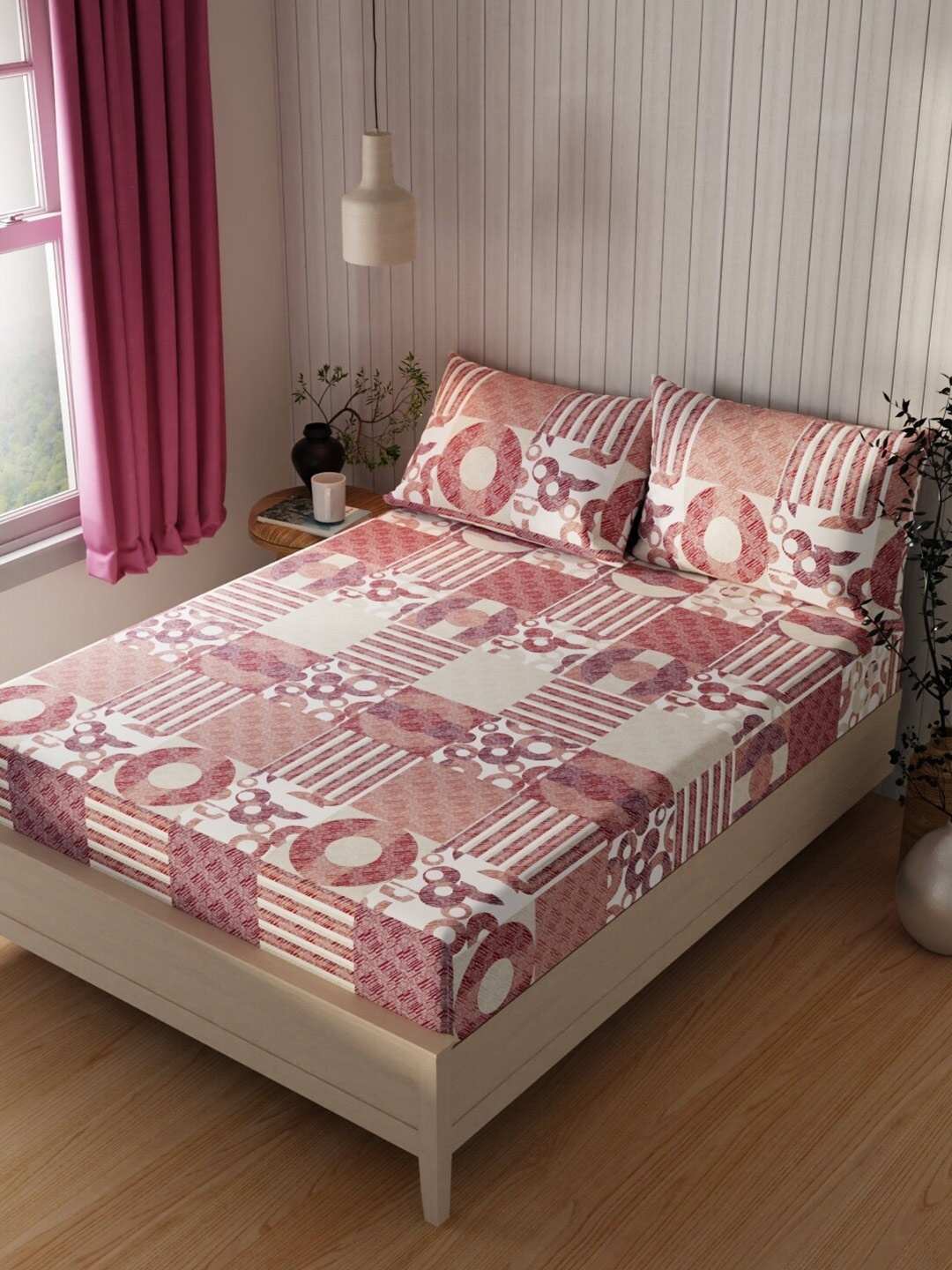 

BIANCA Burgundy & Off White Cotton 120 TC Queen Bedsheet With 2 Pillow Covers