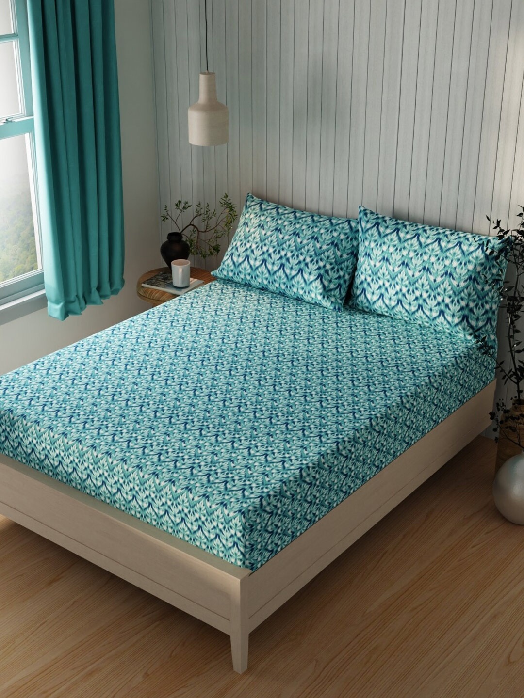 

BIANCA Lopez Teal Blue Ethnic Motifs Cotton 120 TC Queen Bedsheet & 2 Pillow Covers