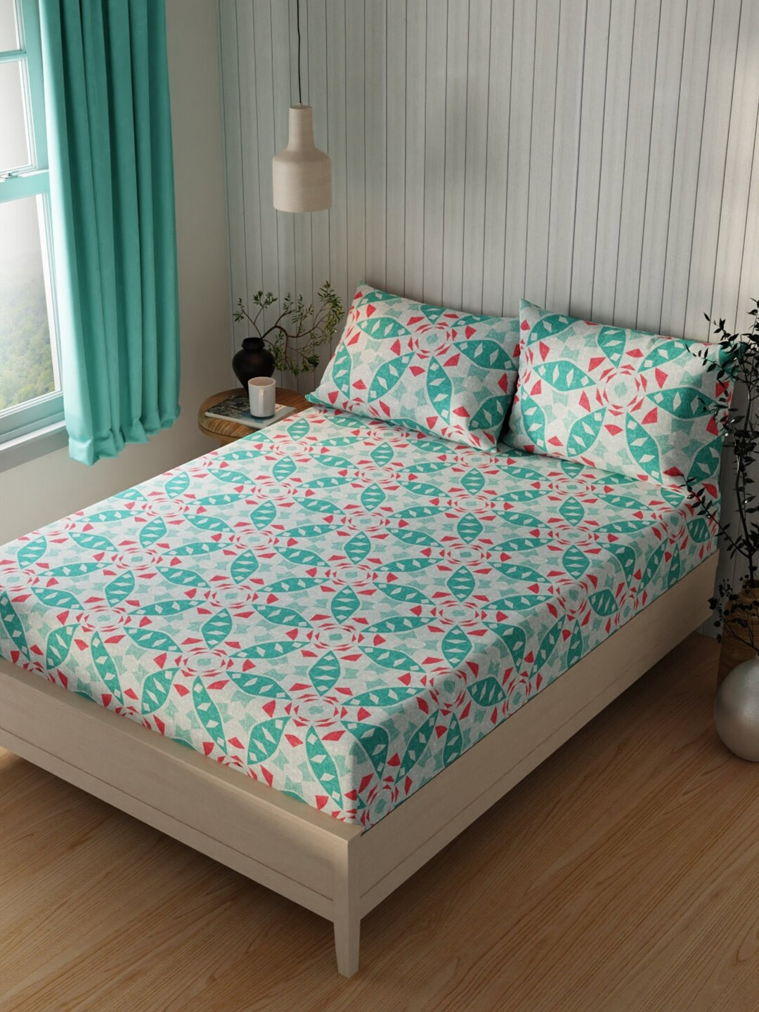 

BIANCA Lopez Teal & White Ethnic Motifs Cotton 120 TC Queen Bedsheet With 2 Pillow Covers