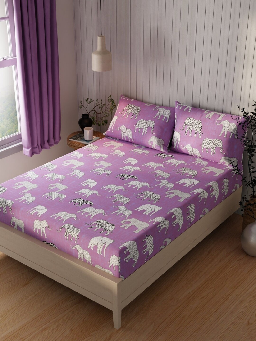 

KOPA Lopez Purple Printed Pure Cotton 120 TC Queen Bedsheet With 2 Pillow Covers