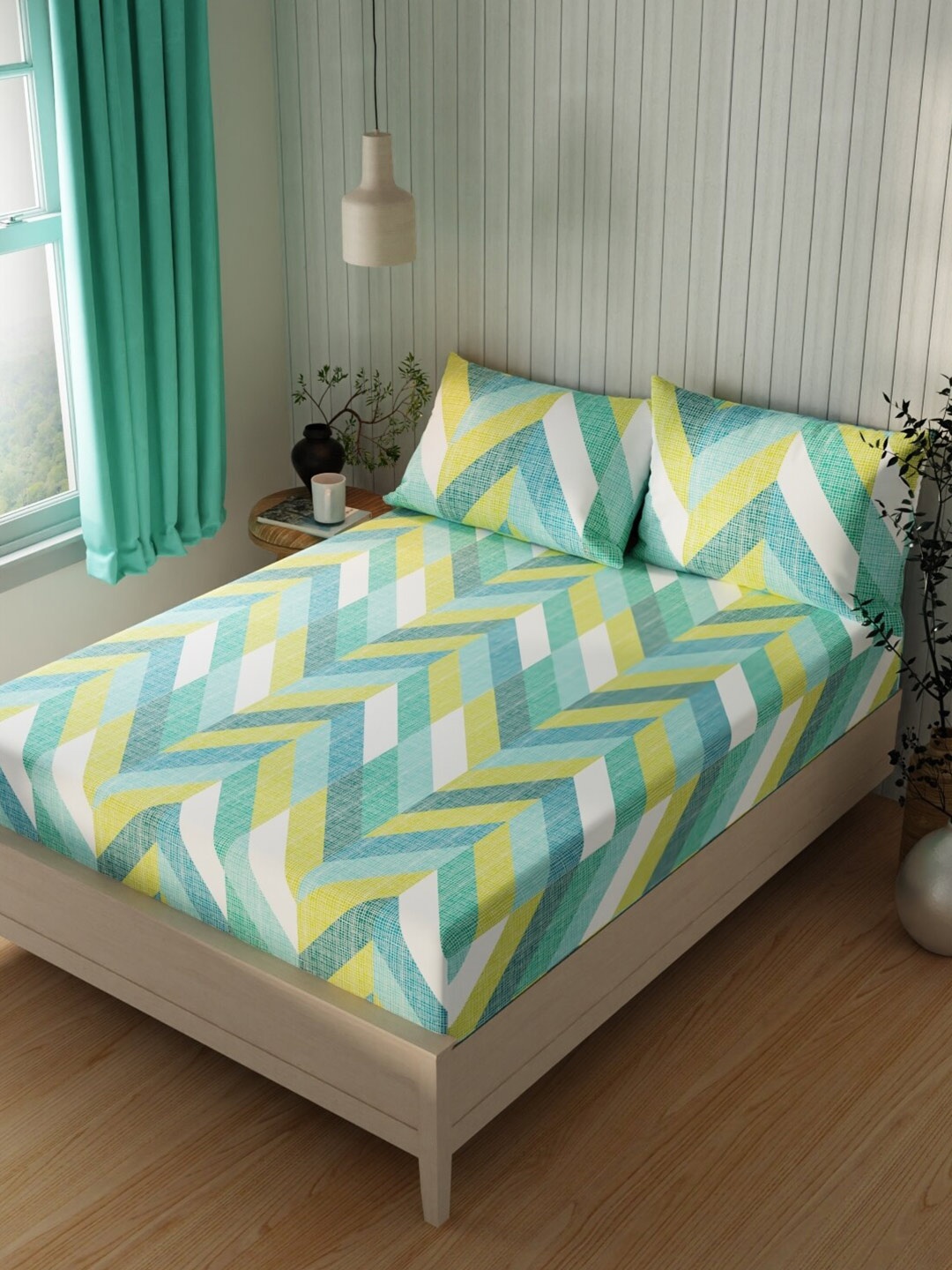 

BIANCA Lopez Turquoise Blue Geometric Cotton 120 TC Queen Bedsheet & 2 Pillow Covers