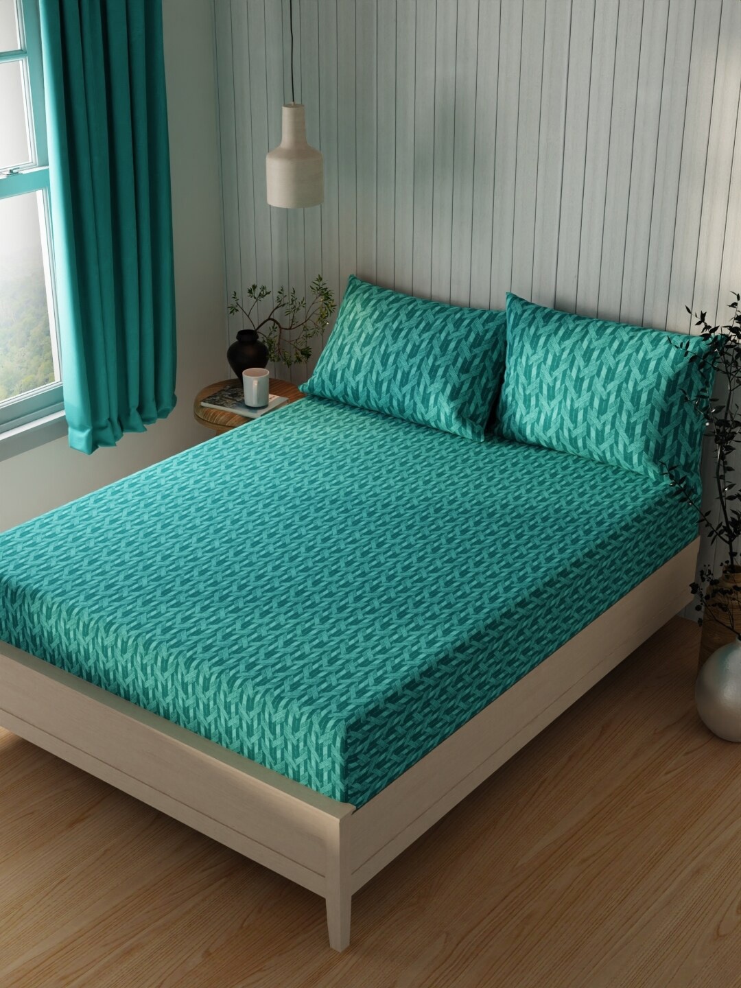 

KOPA Lopez Teal Green Geometric Cotton 120 TC Queen Bedsheet With 2 Pillow Covers