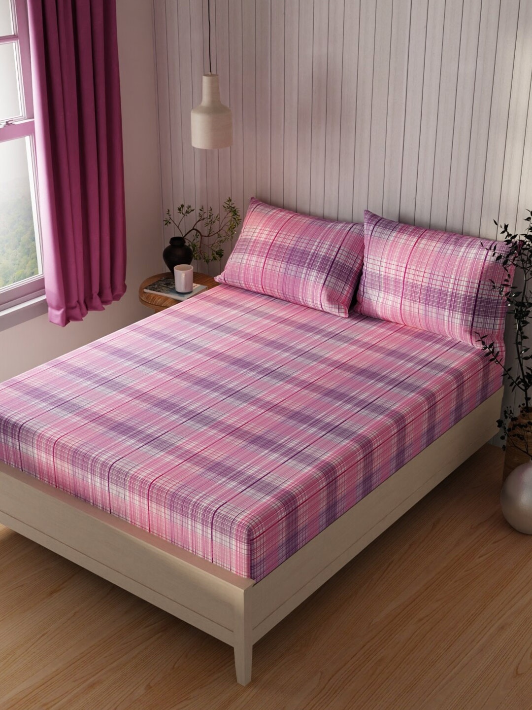 

BIANCA Lopez Purple & Pink Checked Pure Cotton 120TC Queen Bedsheet Set