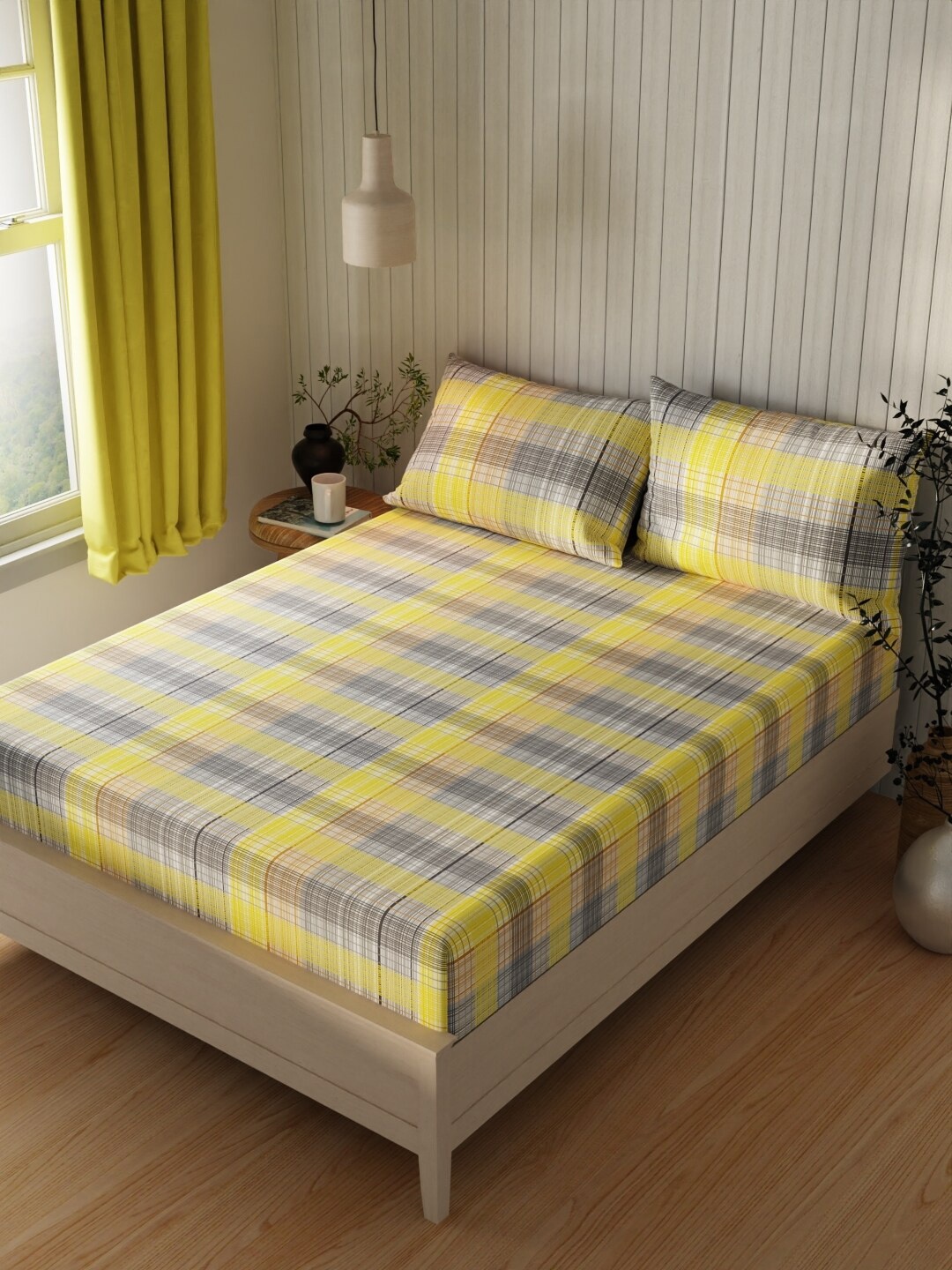 

BIANCA Lopez Grey & Yellow Checked Pure Cotton 120TC Queen Bedsheet Set
