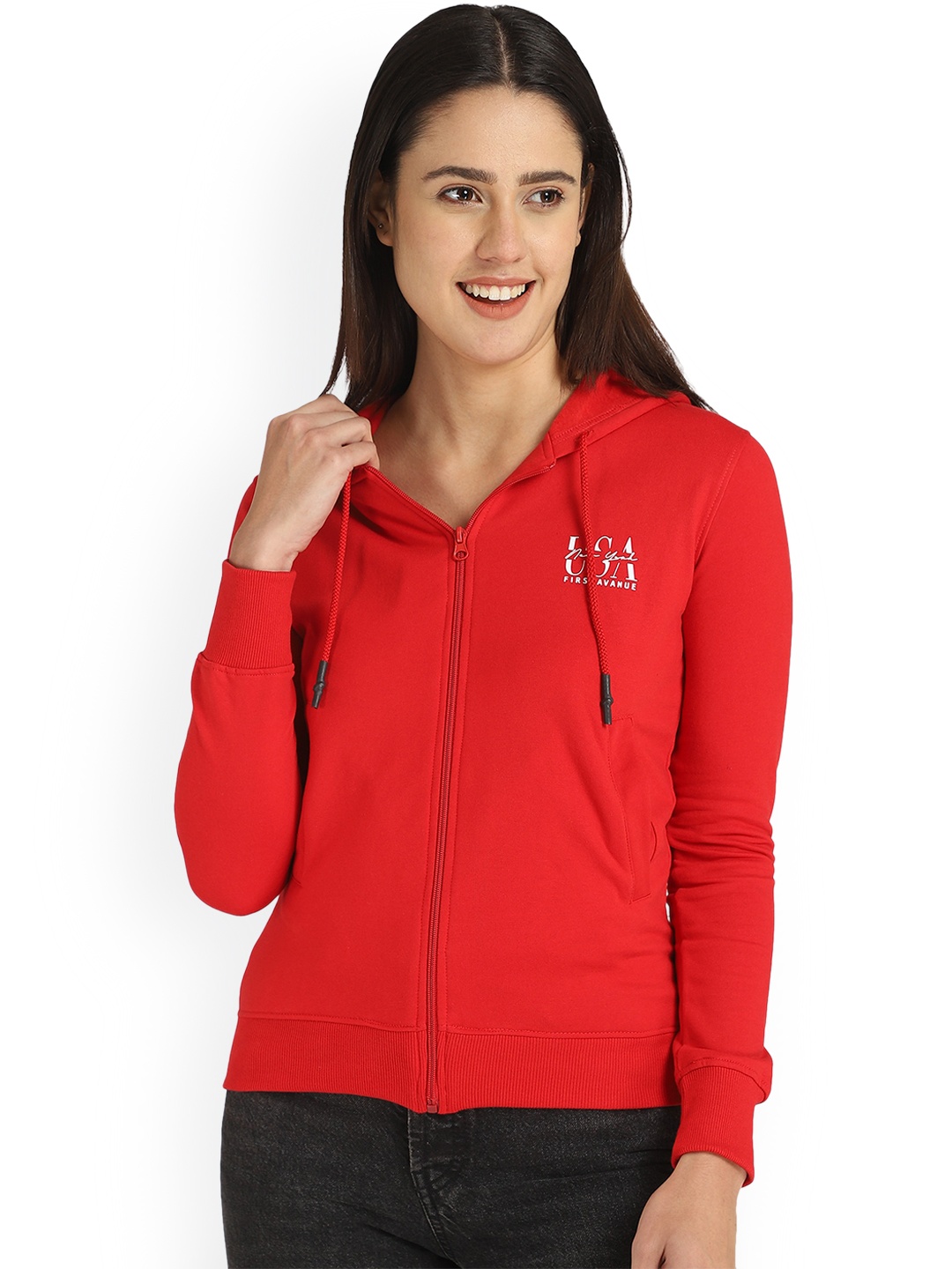 

DYCA Hooded Long Sleeves Cotton Front-Open Sweatshirt, Red