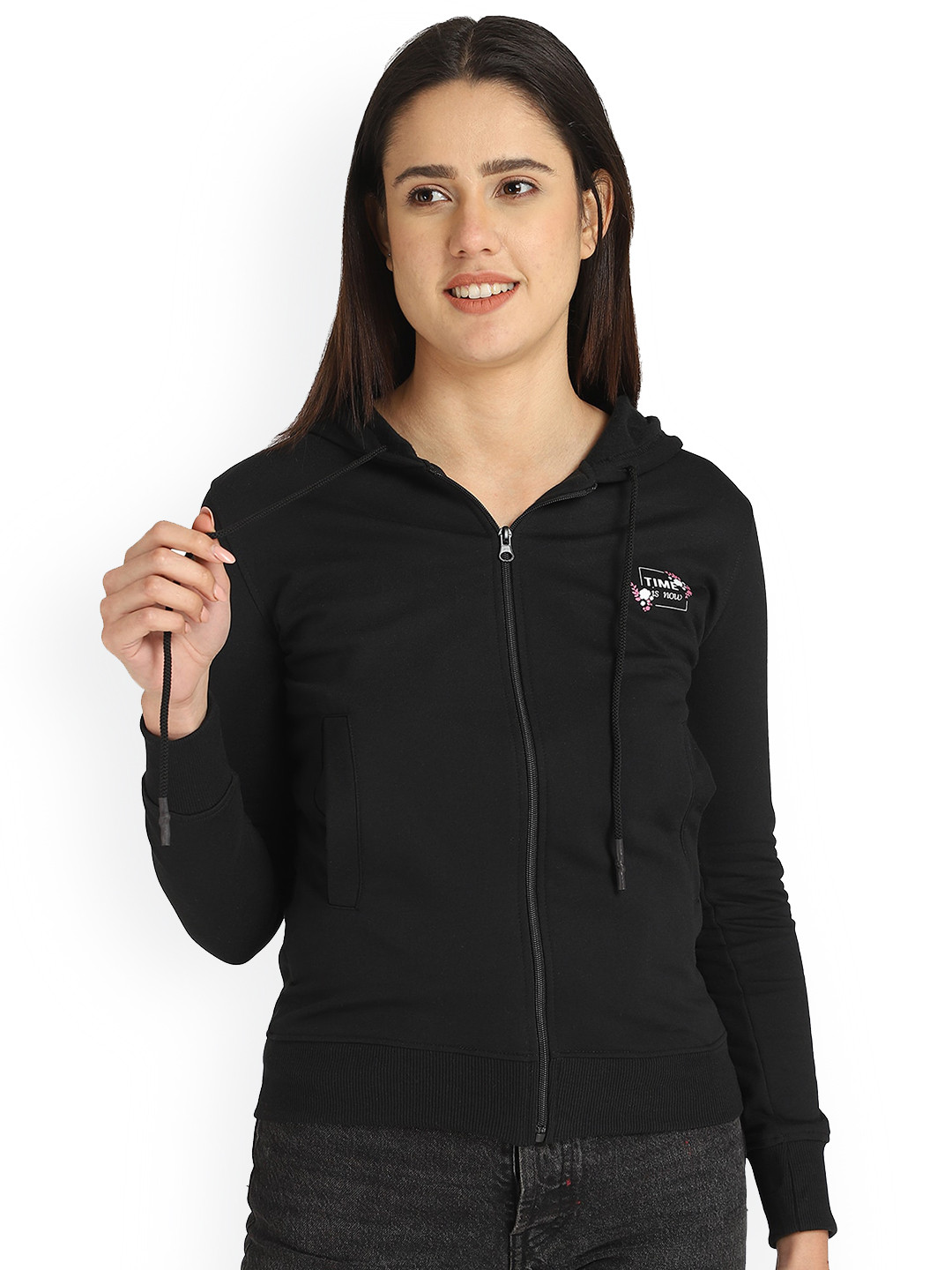 

DYCA Hooded Long Sleeves Cotton Front-Open Sweatshirt, Black