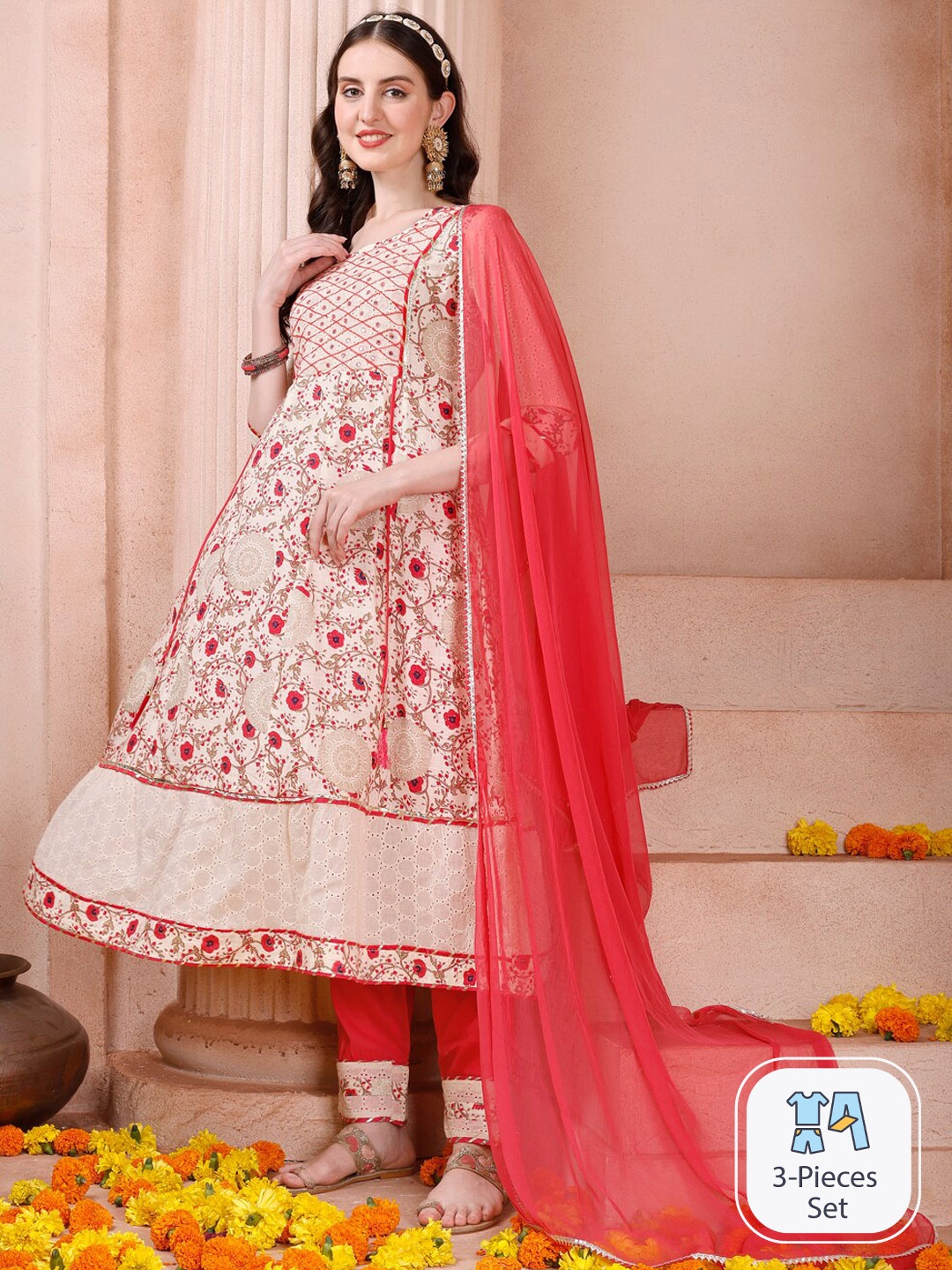 

Berrylicious Floral Printed A-Line Kurta & Trousers With Dupatta, White