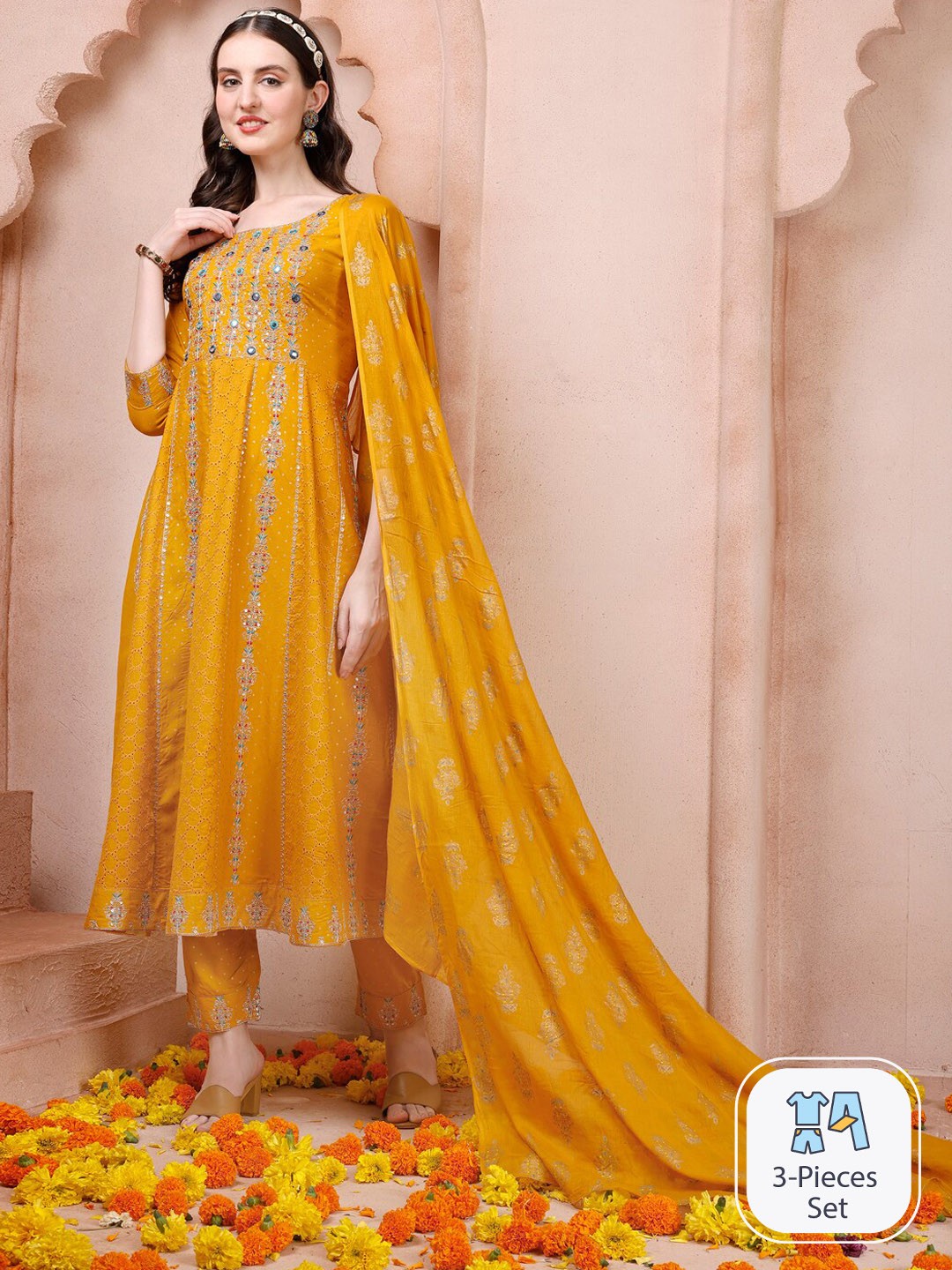

Berrylicious Floral Printed Mirror Work Kurta & Trousers With Dupatta, Mustard