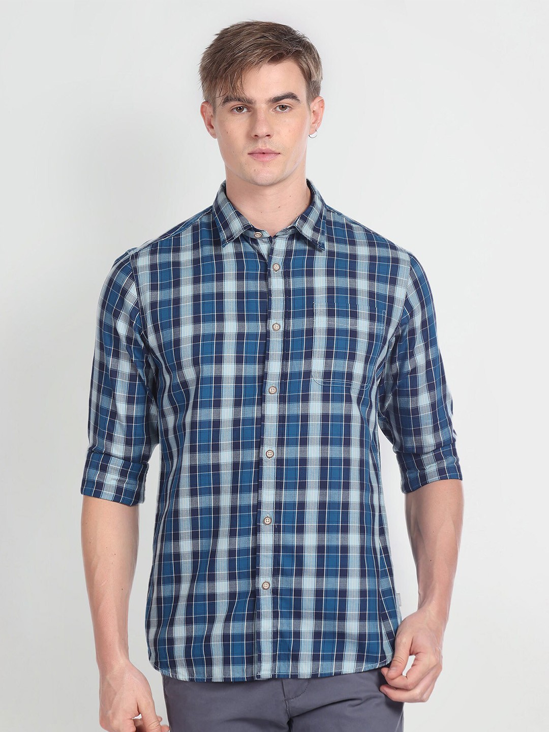 

Flying Machine Men Blue Slim Fit Tartan Checks Opaque Checked Casual Shirt