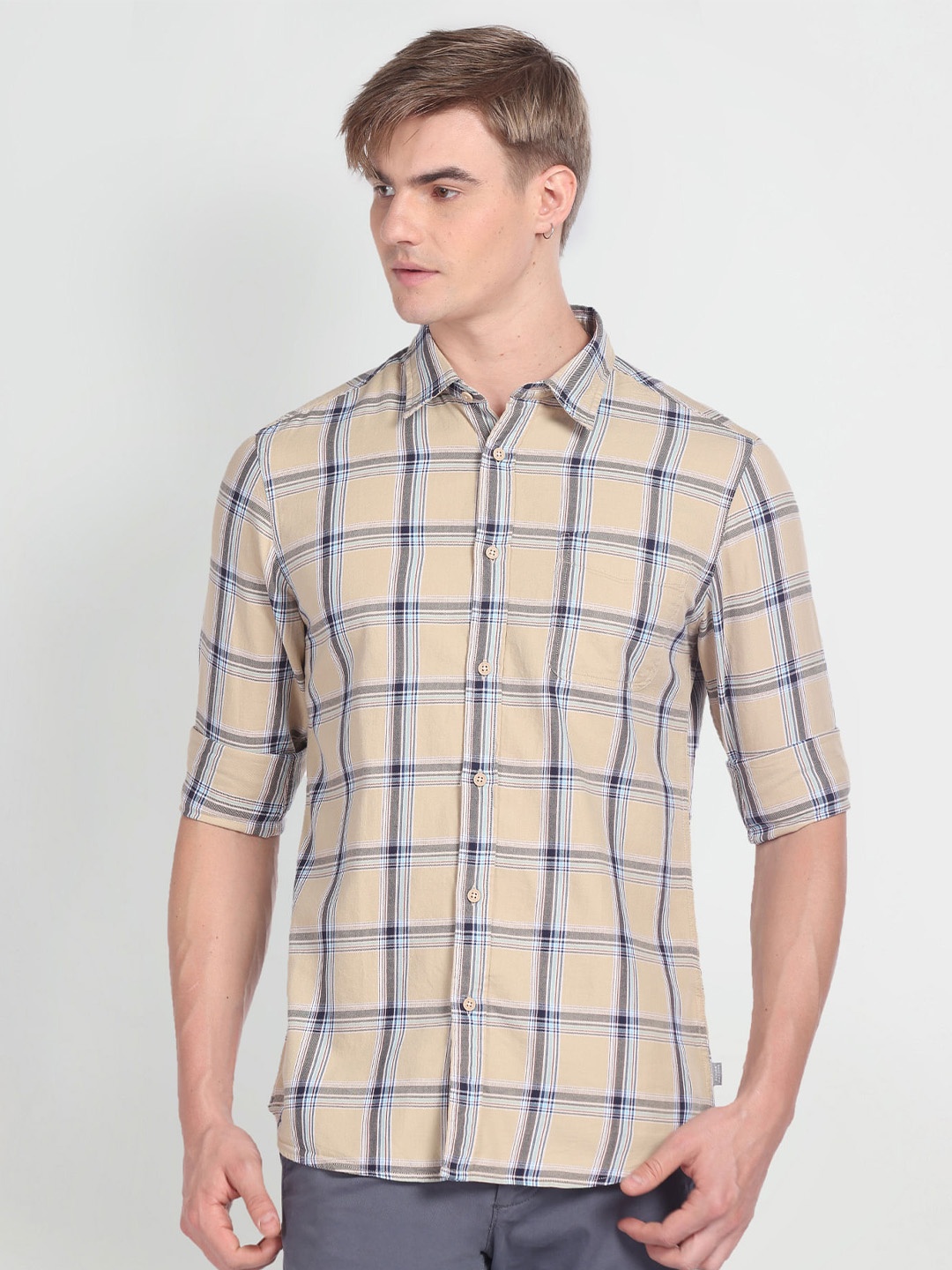

Flying Machine Men Beige Slim Fit Windowpane Checks Opaque Checked Casual Shirt